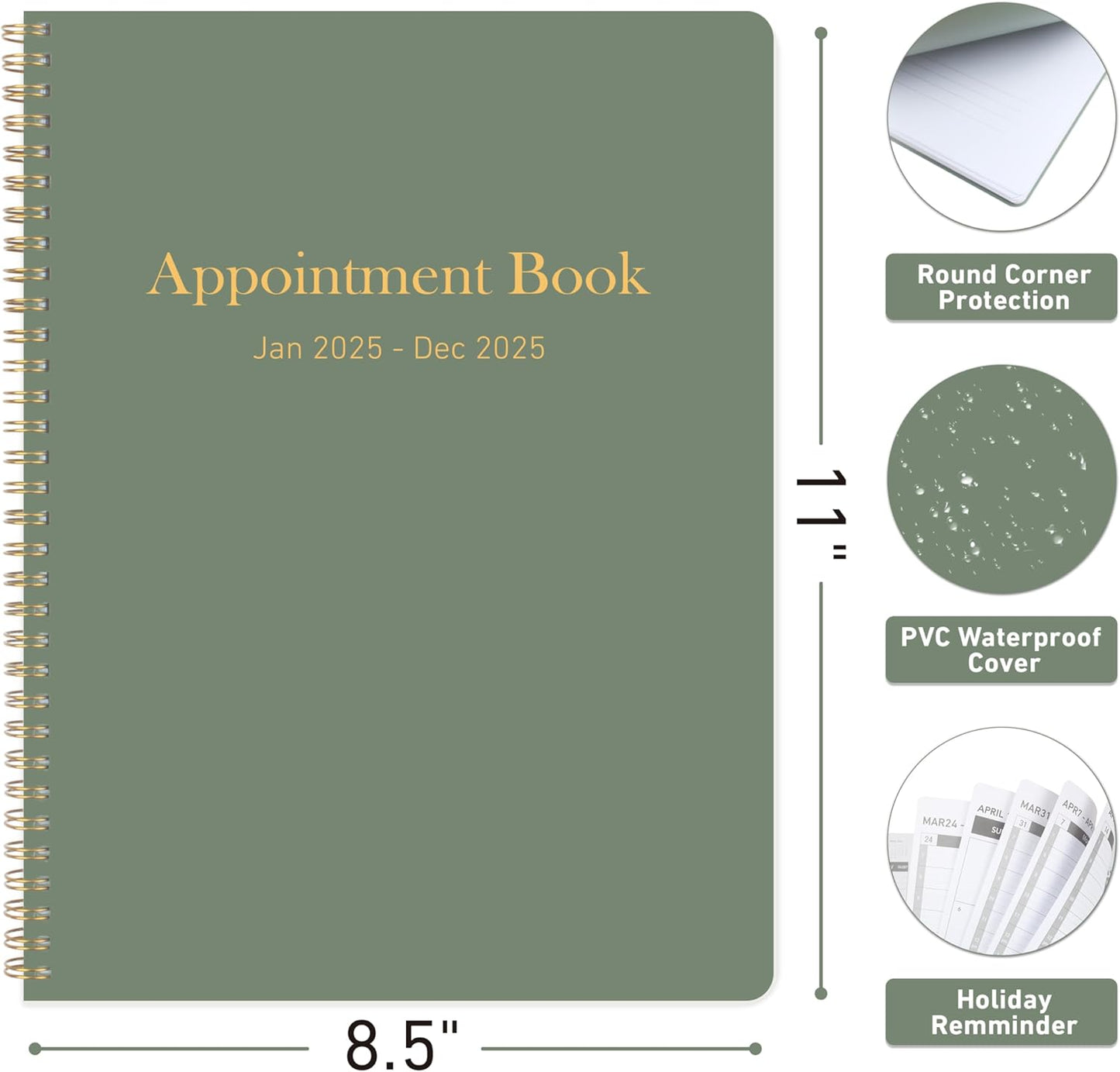 Appointment Planner 2025 - Daily Hourly Schedule Planner from 7am - 10 pm, Weekly & Monthly Hourly Appointment Book Calendar from Jan 2025 - Dec 2025, 9" x 11"-Green