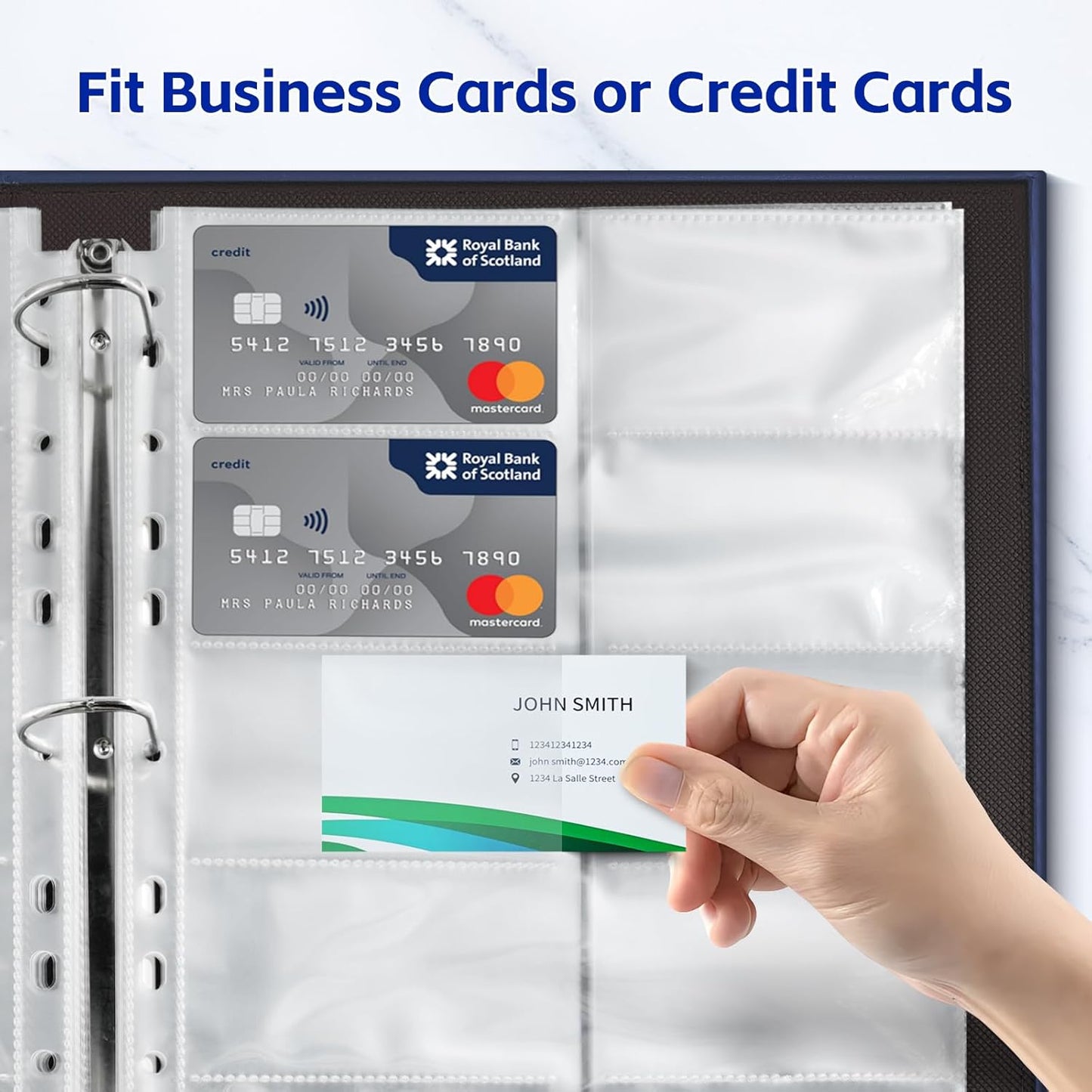 BYSTER A4 Business Card Book, PU Leather Organizer with 30 Pack Sleeves (600 Pockets), Business Card Binder for Credit Cards, Membership Cards, and More - Blue