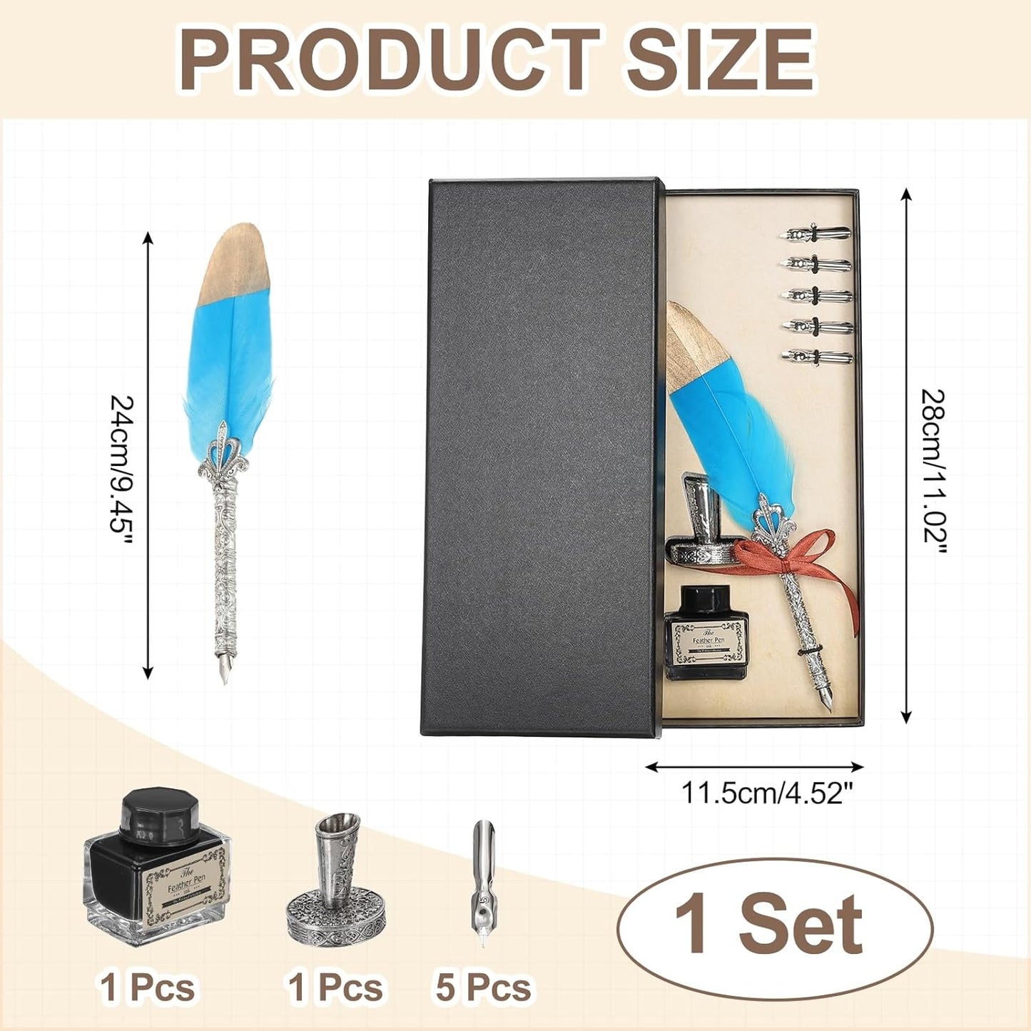 PATIKIL Feather Quill Pen Set, 1 Set Vintage Feather Calligraphy Pen Fountain Dip Pen Set with Ink, Pen Holder and Replacement Nibs for Beginner Writer Writing Gift, Sky Blue