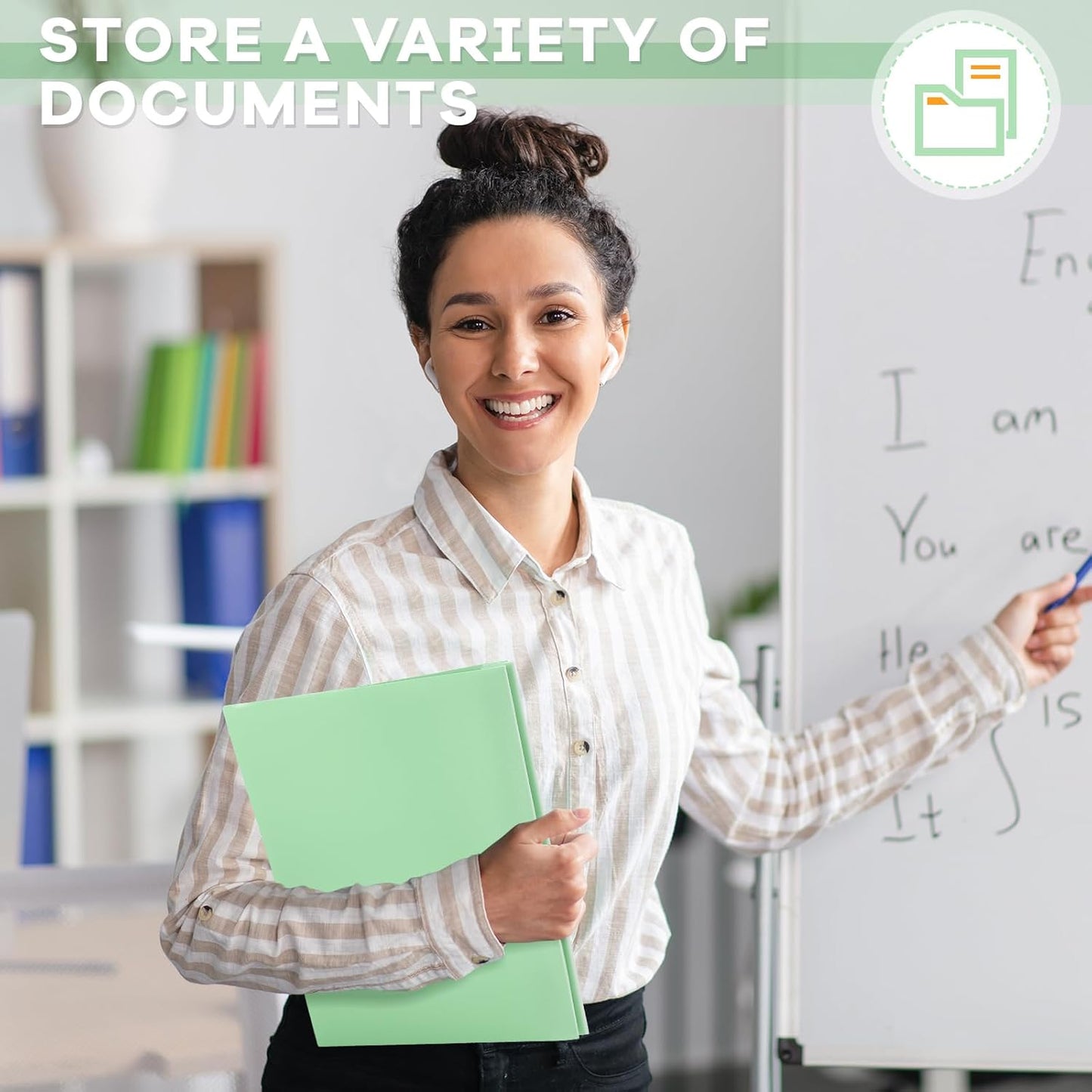 Henoyso 36 Pcs Plastic Folder with Clear Front Pocket and 3 Prong Plastic Folders with Card Slot Pocket Folders with Prongs for School Office (Light Green)