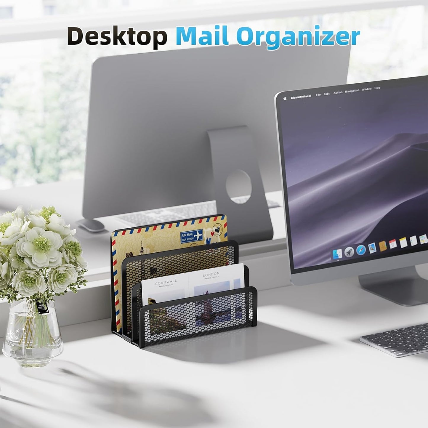 Marbrasse Mail Organizer for Desk, 3-Slot Mesh Metal Mail Holder countertop, Letter Holder, Office Desktop Envelope and Document Storage Rack (Black)
