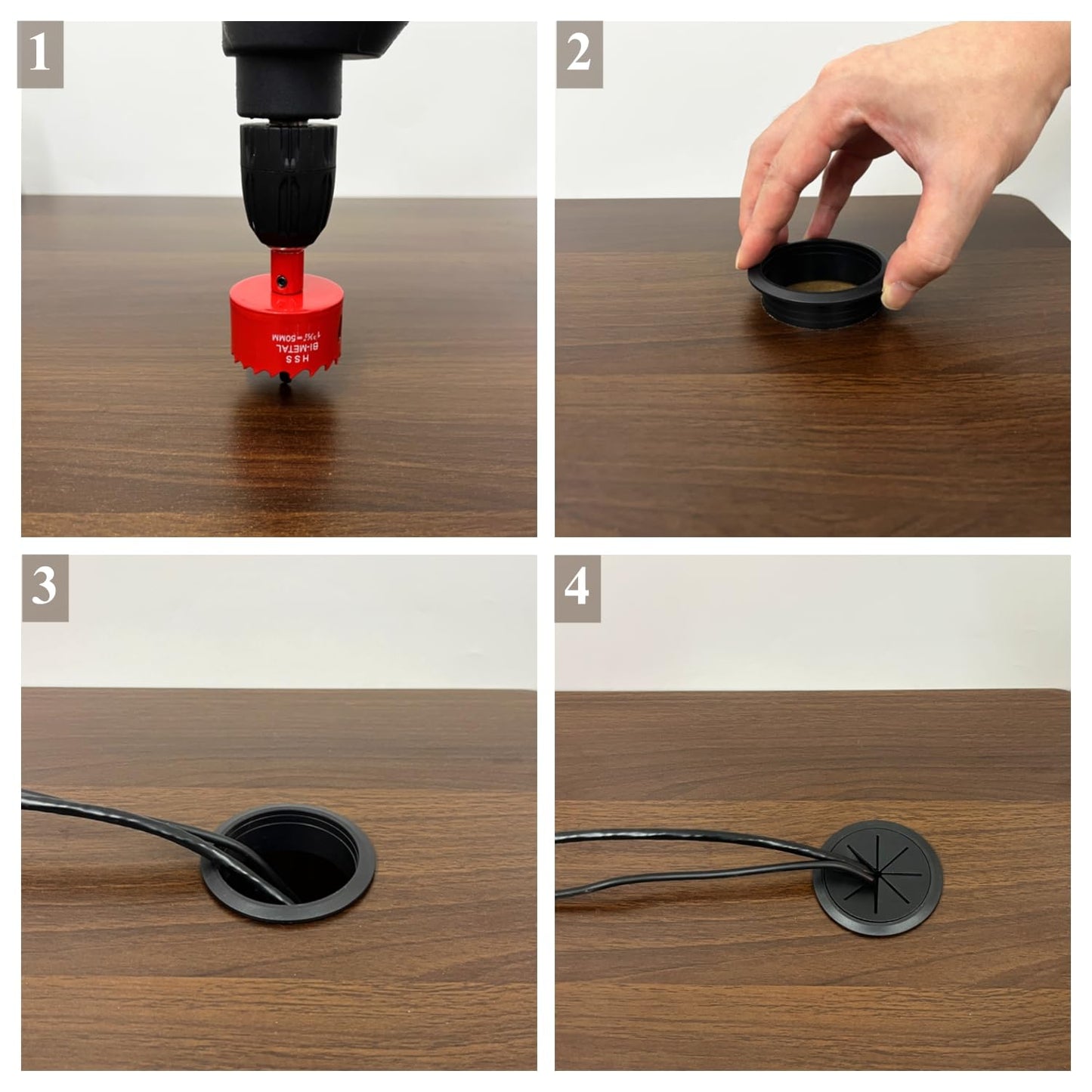 2 Pack Desk Grommet 2 Inch (50 mm), Desk Hole Cover for Cables, Black Desk Cord Hole Cover for Office Home Table, Cable Grommet with 1 Hole Saw Drill Attachment & 6 Cable Ties