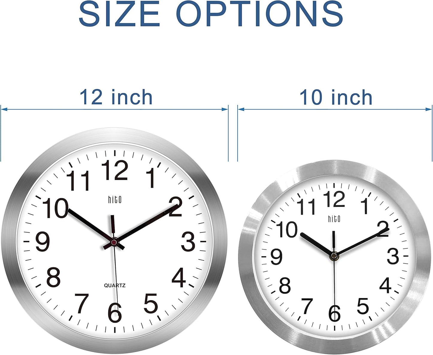 HITO 12 Inch Silent Wall Clock Battery Operated Non Ticking Glass Cover Silver Aluminum Frame, for Kitchen, Bedroom, Home Office, Living Room Decor