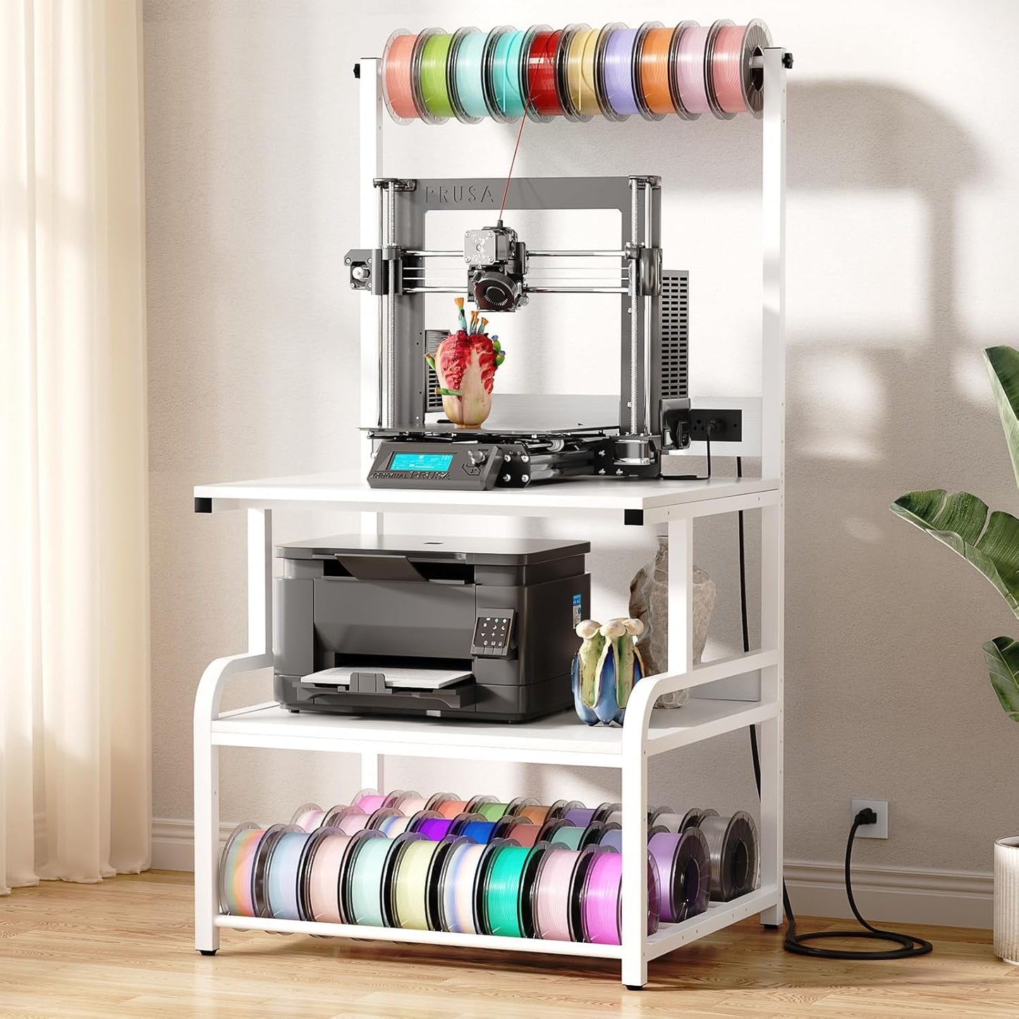 Homieasy Printer Stand with Charging Station, 29.1" x 22.8" Large 3D Printer Table with Filament Storage, Heavy Duty Rolling Printer Cart with 4-Tier Storage for Workshop/Office/Garage, White