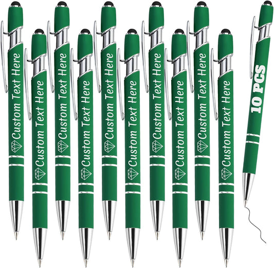 Personalized Pens Bulk 10 with Name Custom Engraving Ballpoint Pens with Stylus Tip Customized Smooth Writing Pens Personalized Gifts for Anniversary Birthday or Graduation(Dark Green,Black Ink)