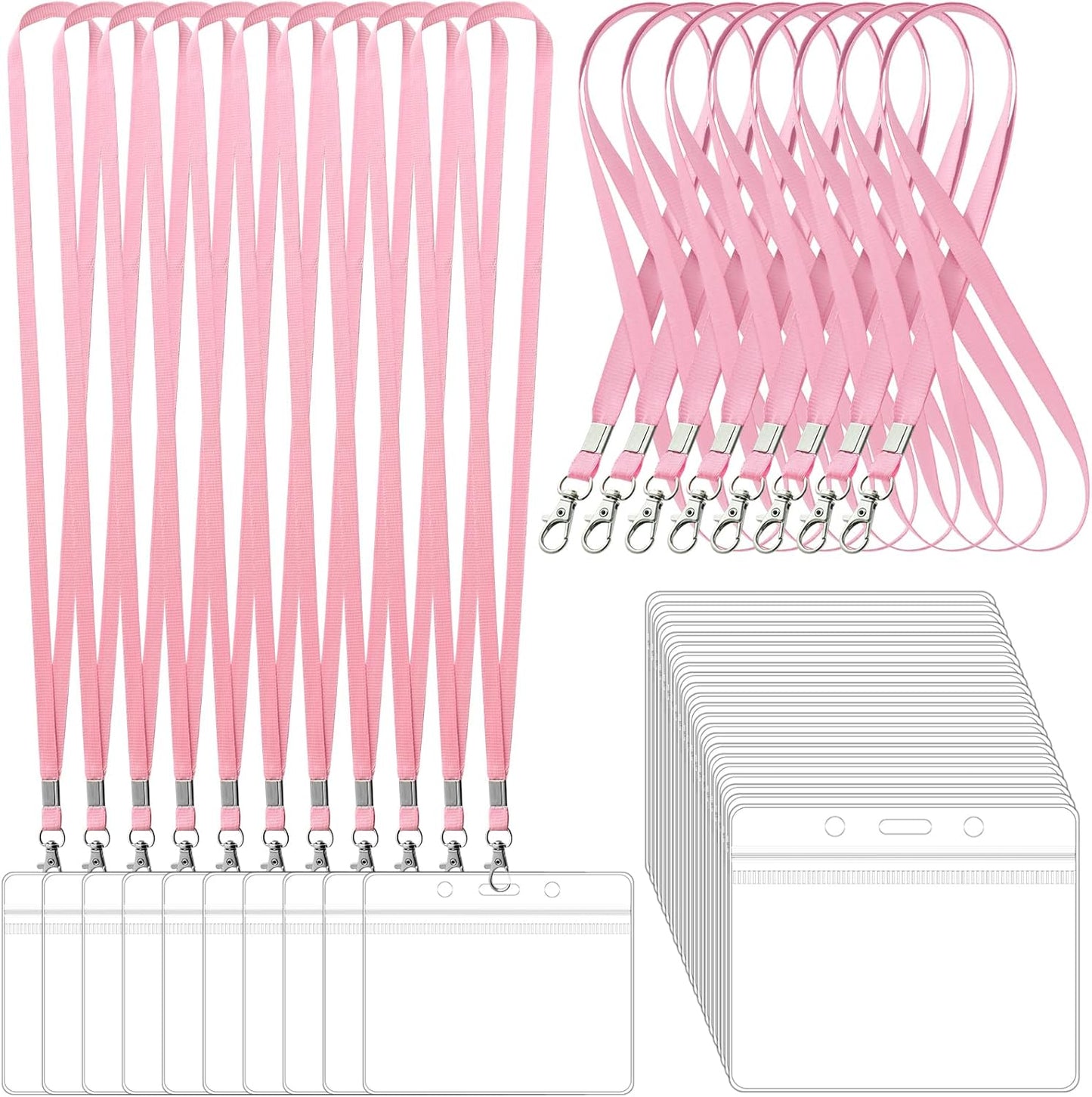 100 Pack Lanyards for ID Badges with Clear Name Tags, Reusable Lanyards Horizontal ID Card Badge Holders Plastic Name Badges for Men Women Kids Business School and Office Supplies (Pink)