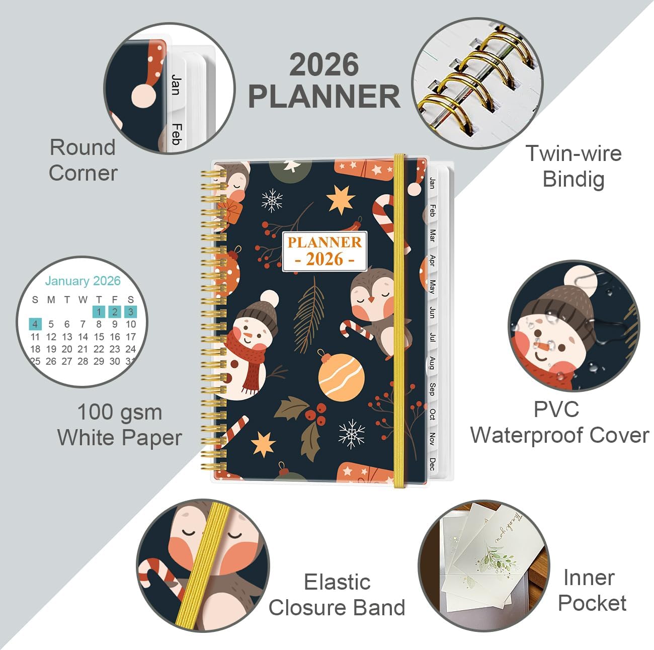2026 Planner - Planner 2026 from January 2026 - December 2026, Weekly & Monthly Planner Spiral Bound with 12 Monthly Tabs, Inner Pocket, 6.4" x 8.5", Snowman