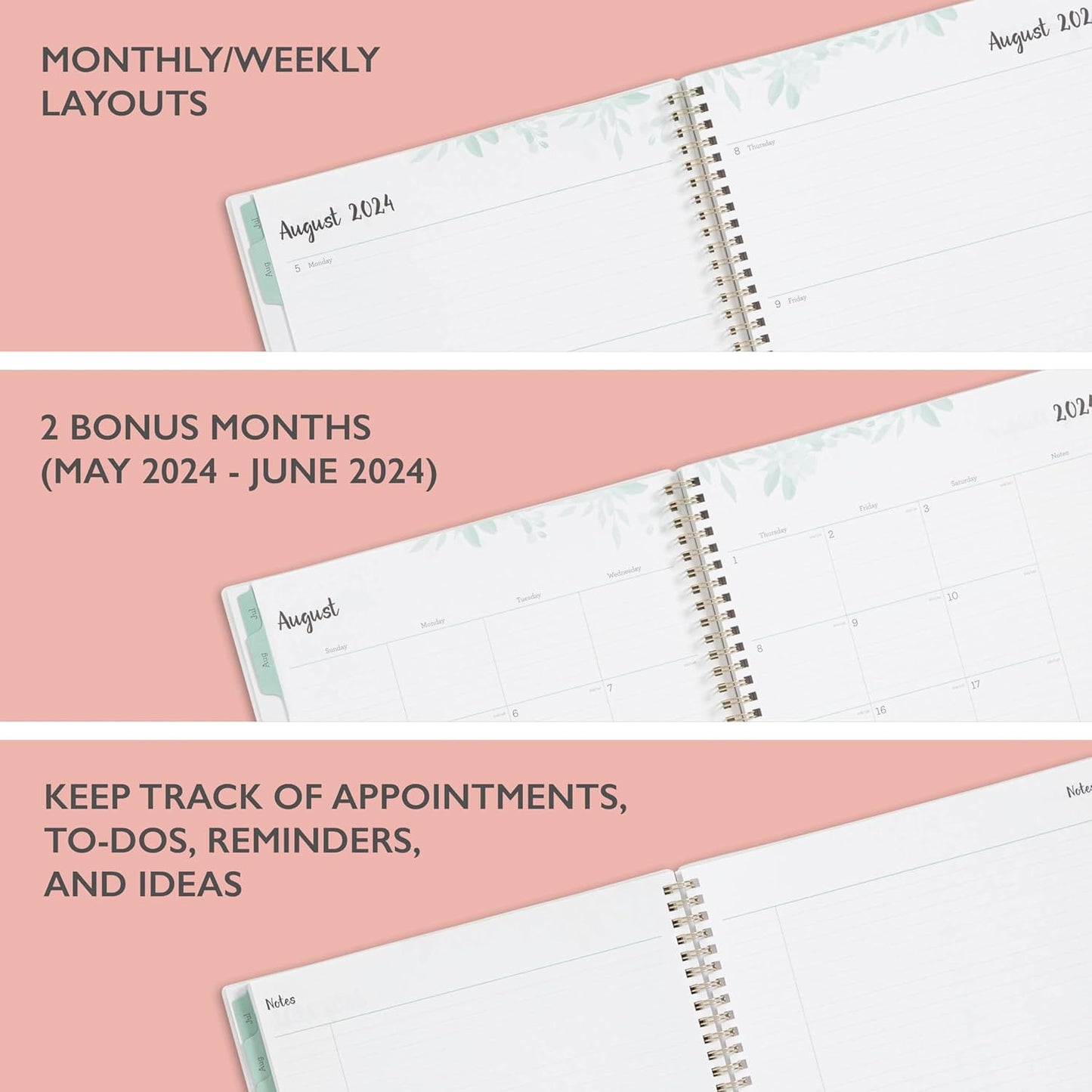 Blue Sky 2024-2025 Academic Year Weekly and Monthly Planner, 8.5" x 11", Frosted Flexible Cover, Wirebound, Laurel (150148)