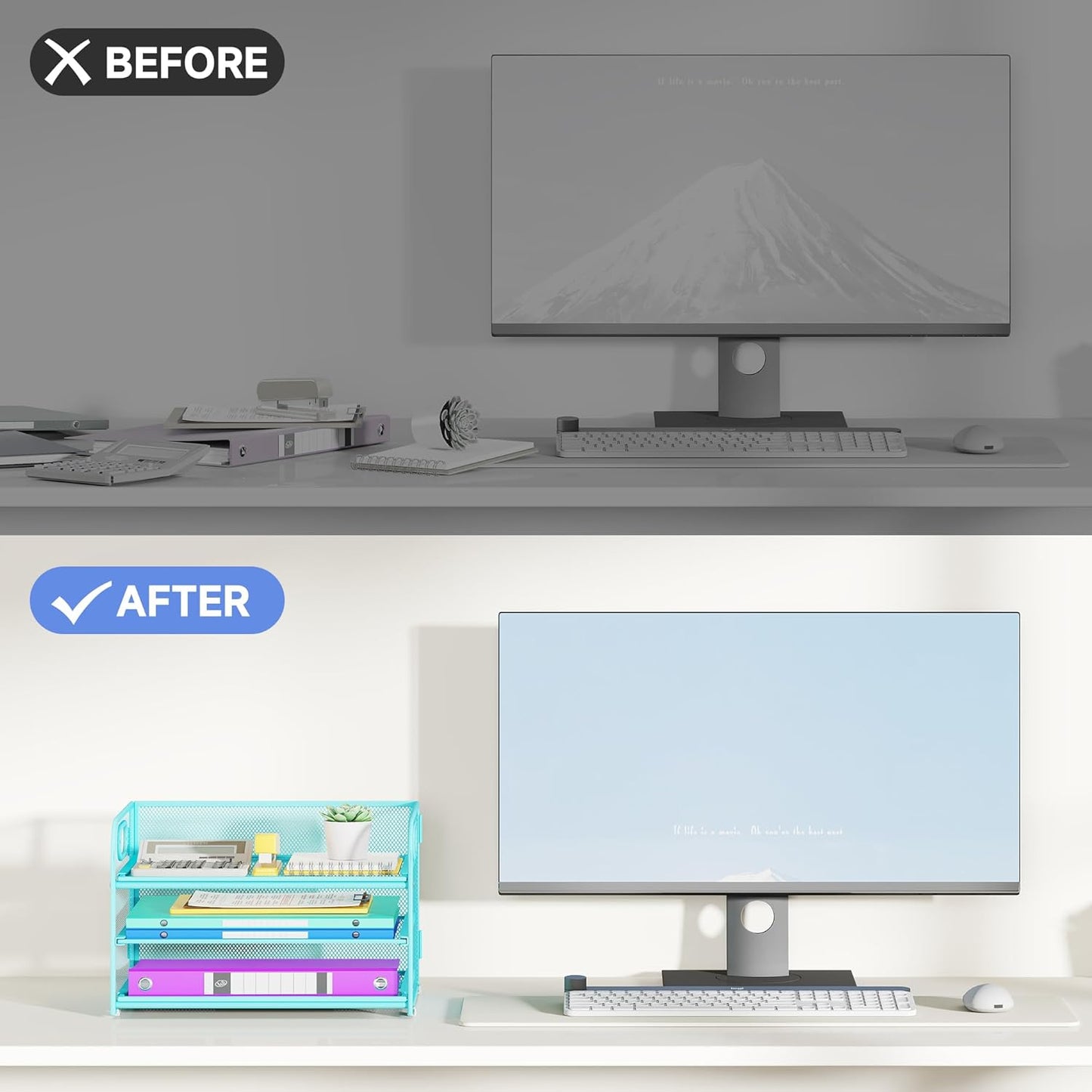 3 Tier Paper Organizer with Handle, Metal Desk Organizer Mesh Paper Letter Tray Desktop File Folder Document Sorter for Classroom, School, Office Accessories Organization and Storage - Blue