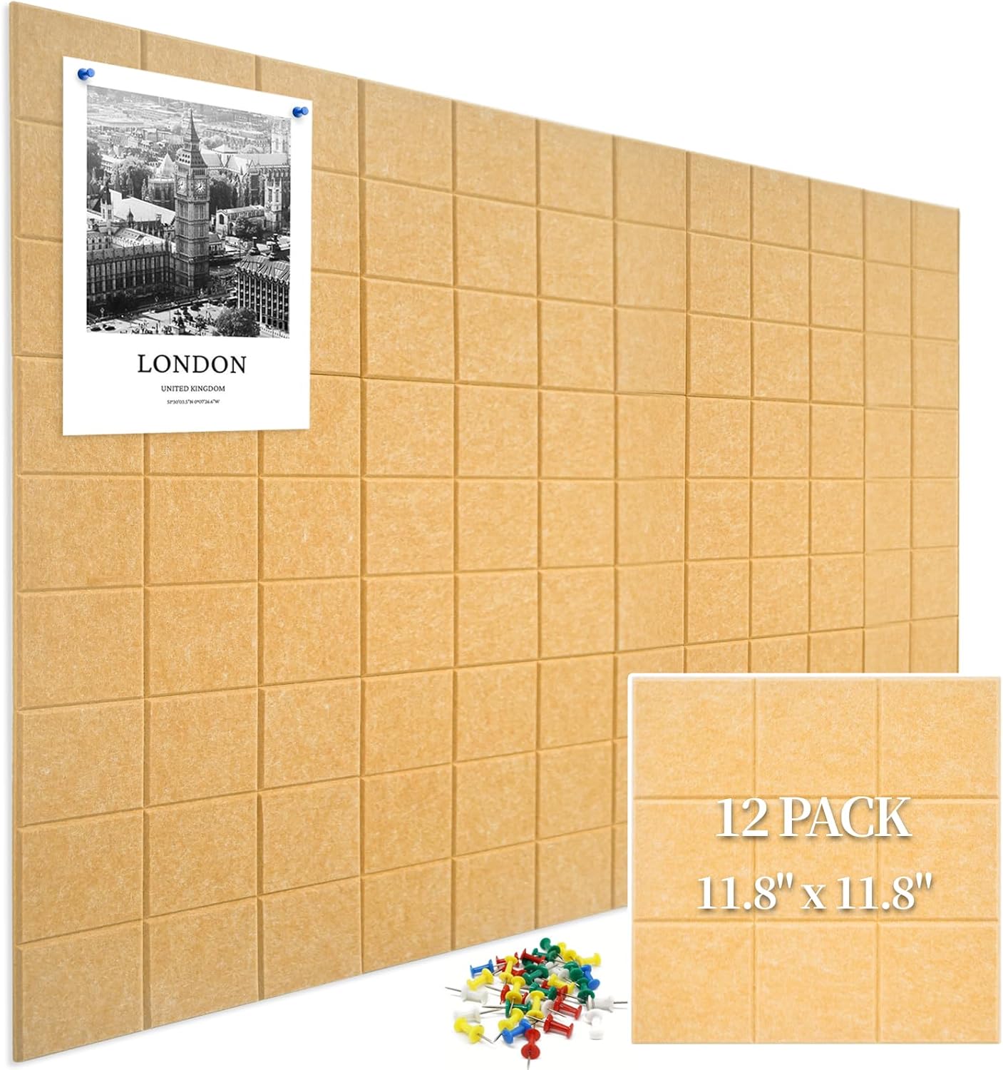 12 Pack Large Cork Board for Walls, 48" X 36" Felt Bulletin Board Tiles with 48 Safe Removable Adhesive Tabs & 60 Push Pin Board Decorative Cork Board Tack Board Wall Organizer for Office - Gold