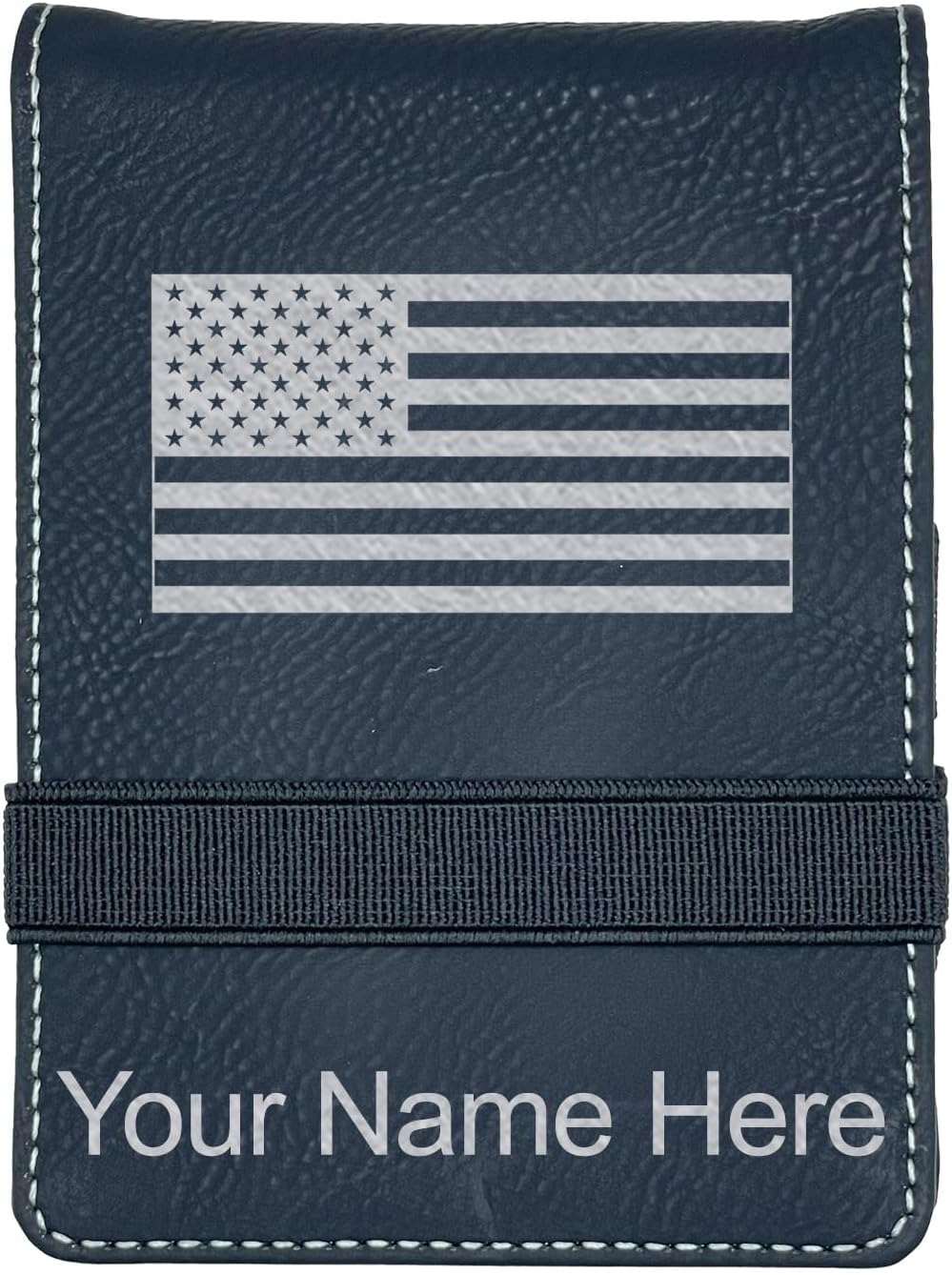 LaserGram Mini Padfolio with Notepad and Pen, Flag of The United States, Personalized Engraving Included (Black with Silver)