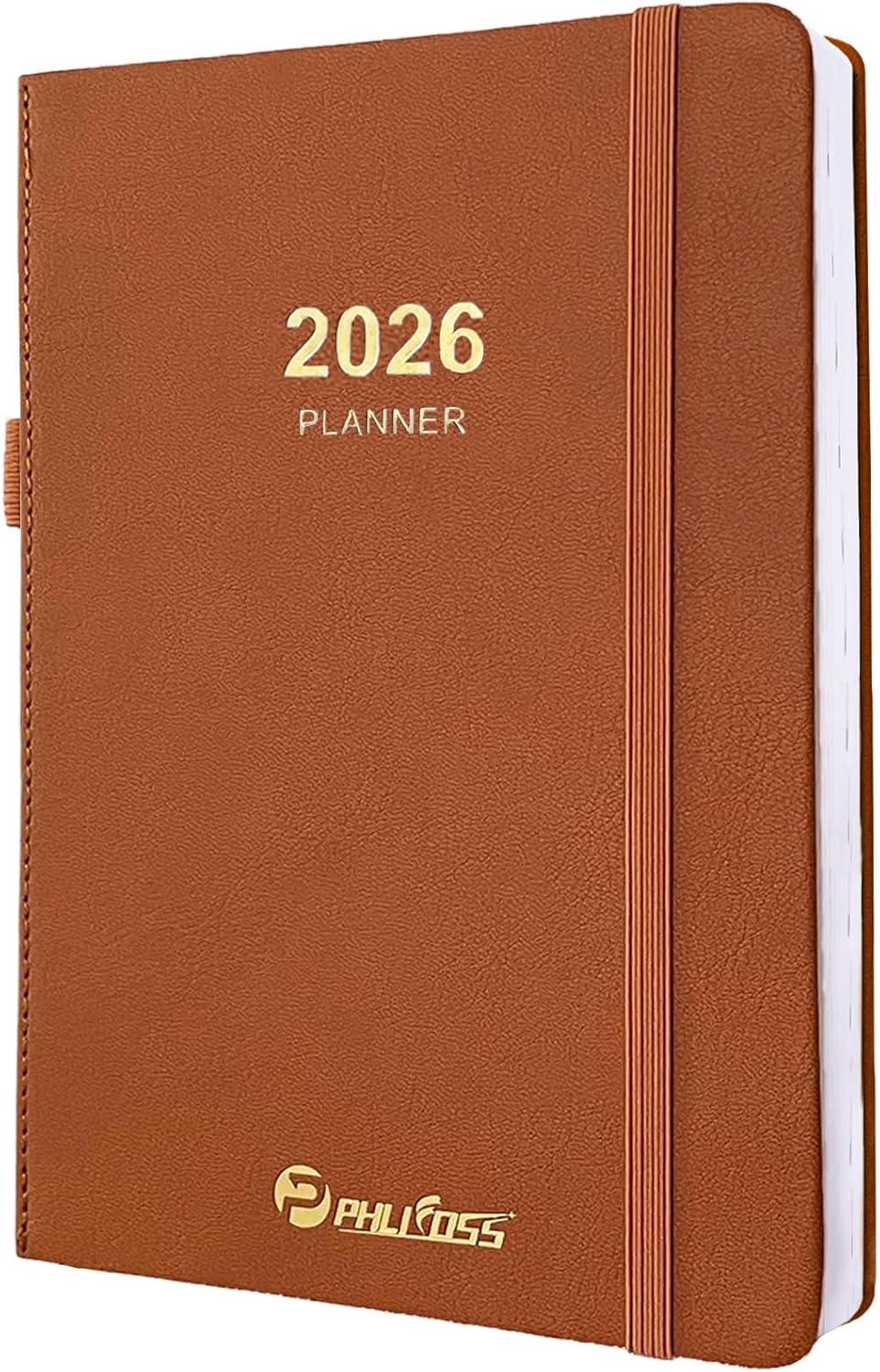 2026 Daily Planner/Calendar, One Page Per Day, Daily Monthly Agenda Planner with Time Slots and Monthly Tabs, Jan - Dec 2026, 5.7" x 8.25" Appointment Book, Pen Holder, Leather Cover (2026-Brown)