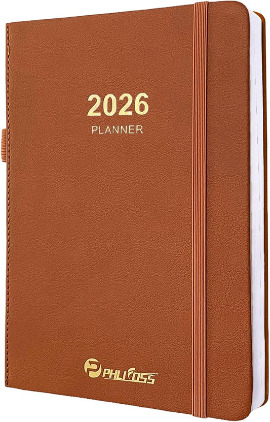 2026 Daily Planner/Calendar, One Page Per Day, Daily Monthly Agenda Planner with Time Slots and Monthly Tabs, Jan - Dec 2026, 5.7" x 8.25" Appointment Book, Pen Holder, Leather Cover (2026-Brown)