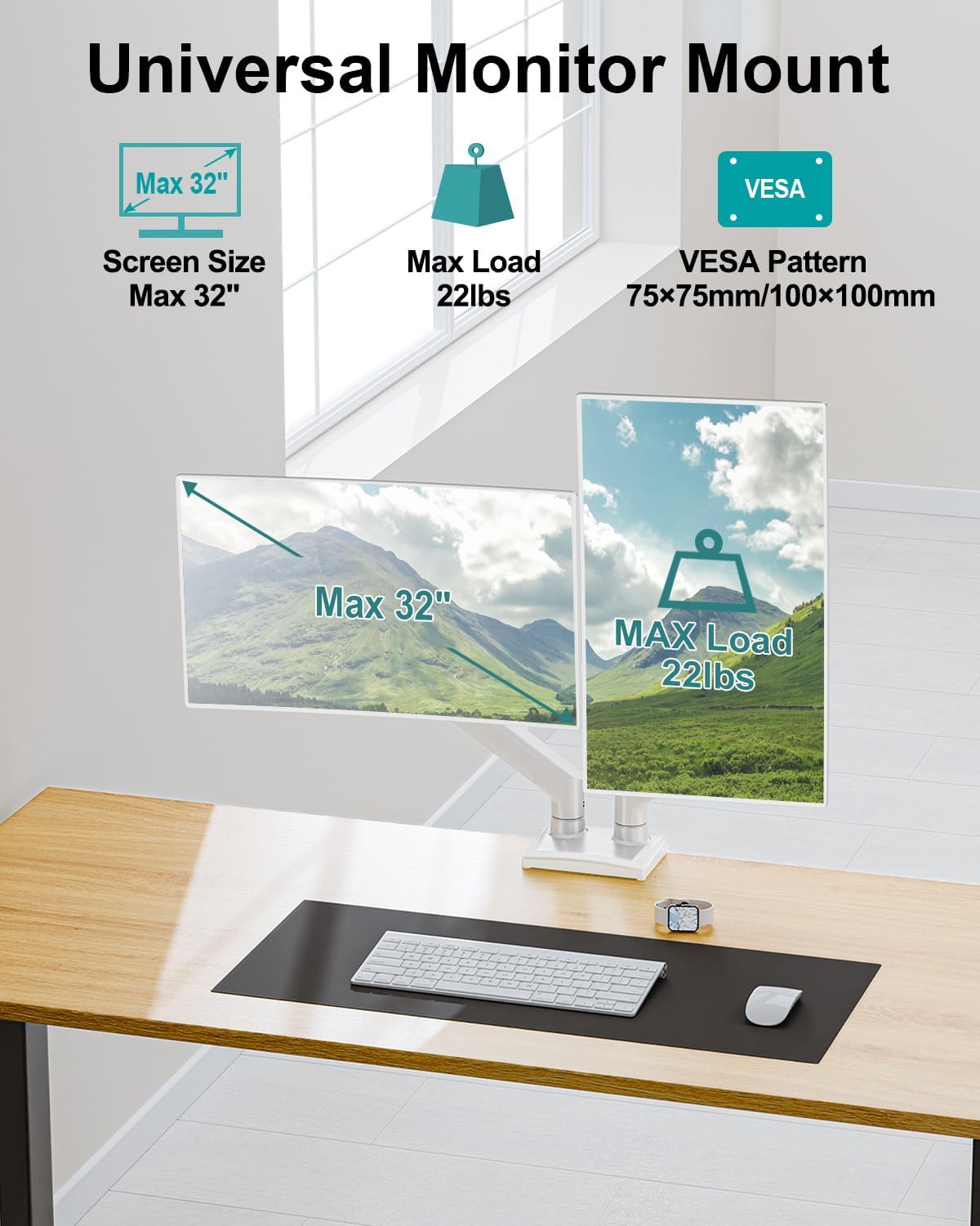 Dual Monitor Arm Desk Mount Fits 13 to 32 inch Computer Screens, Holds 4.4 to 22lbs Display VESA Mount, Adjustable Double Monitor Stand with Clamp/Grommet Base, 75/100mm Bracket, White, Freelift