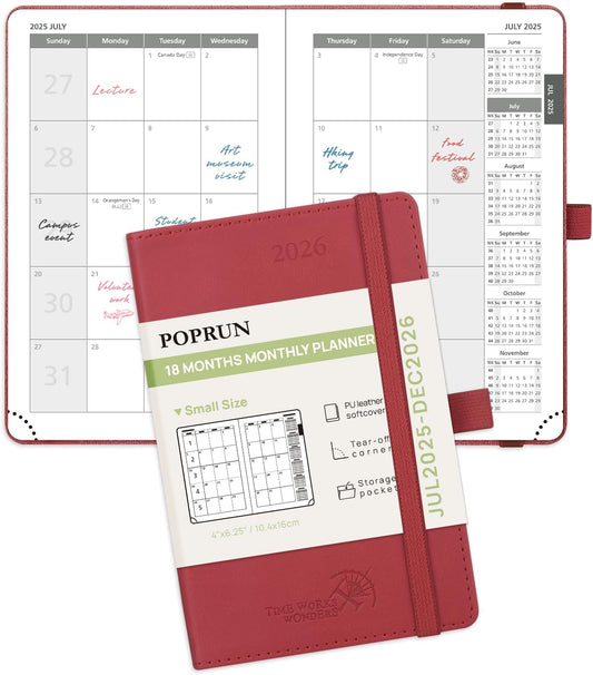 POPRUN Pocket Monthly Planner 2025-2026 (Pocket- 4''x 6.25''Soft Leather Cover) - 18 Month Calendar Book for Purse (Jul.2025-Dec.2026), 100 GSM Thick Paper - Burgundy