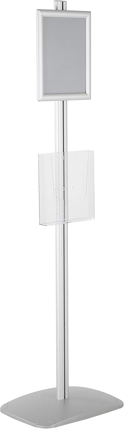 M&T Displays Free Standing Aluminum Display Stand Single Sided Document Brochure Sign Holder Front Loading Portrait Landscape Silver Snap Frame 1x(8.5x11) and Clear Acrylic Pocket 1x(8.5x11) Inch