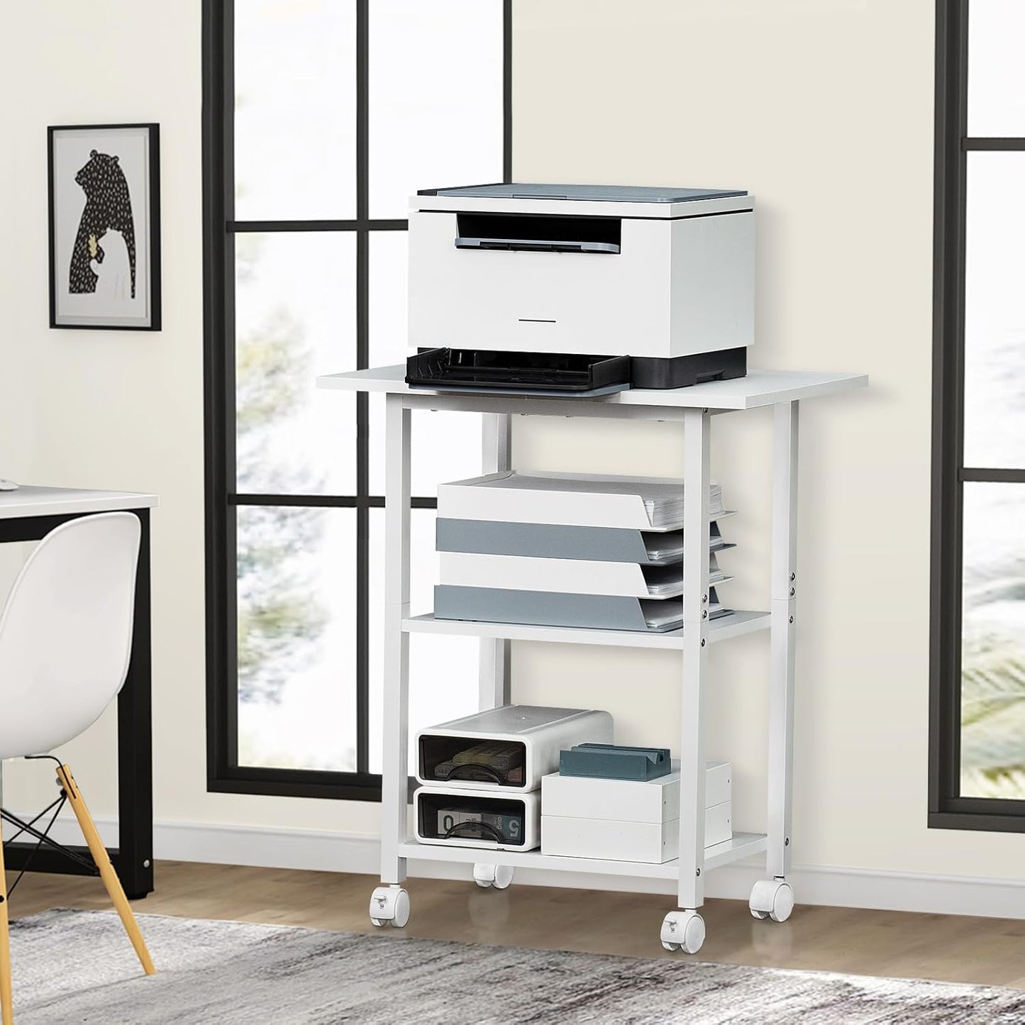 Lerliuo 3-Tier Printer Stand, Industrial Mobile Printer Table with Storage Shelf and Steel Frame, Rolling Printer Cart Holder with Lockable Wheels for Home, Office (White)