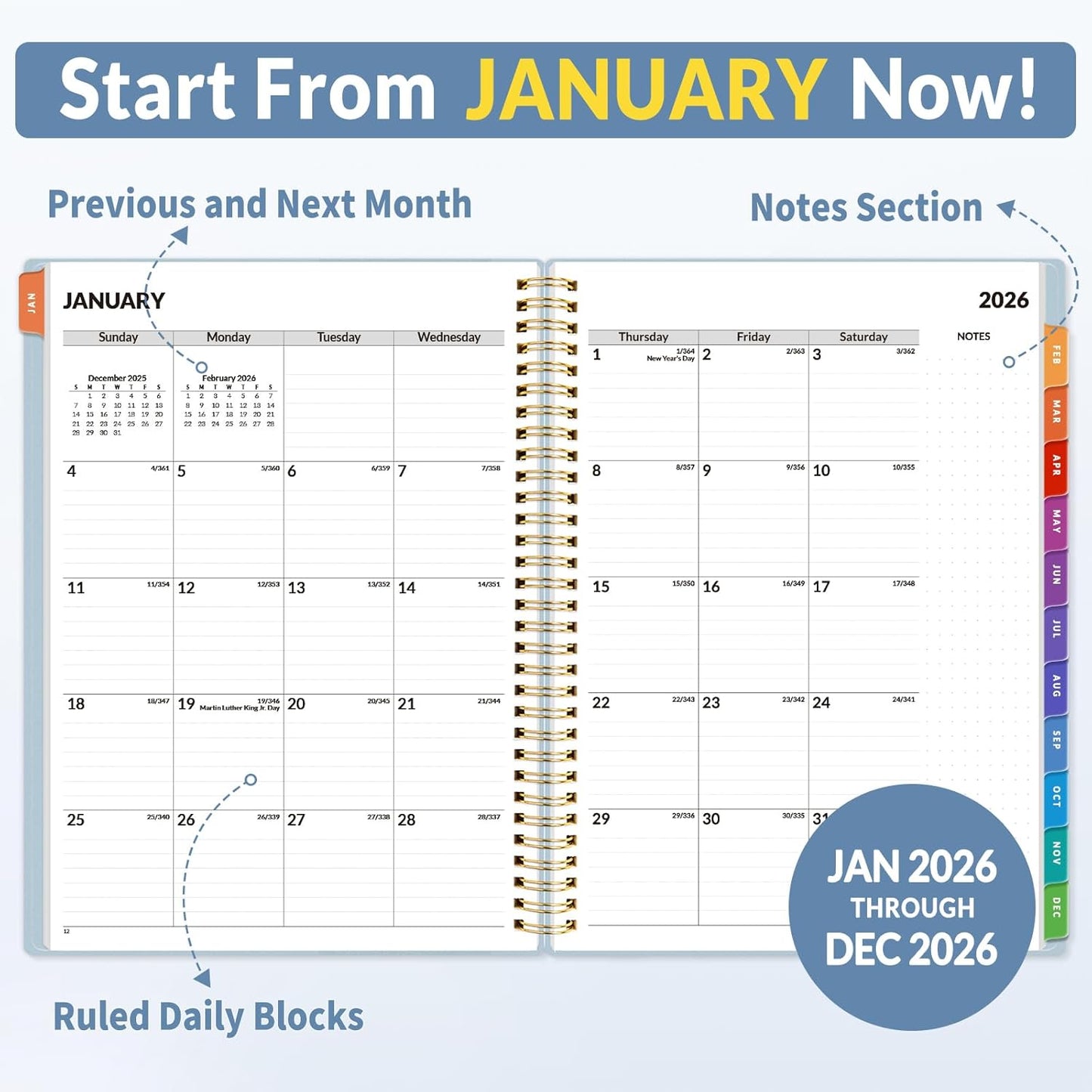 SUNEE 2026 Appointment Planner 15-Minute Time Block – Weekly & Monthly Spiral Organizer with Note Section – Thick Paper, Lay-Flat Bound – 8.5 x 11 for Office, School, Salon, Men & Women, Gray Blue