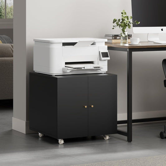 Warmiehomy Metal Printer Stand, 24x24x24'' Printer Cabinet with Storage, Mobile Printer Table with Wheels, Desk for Small Spaces with Door, Adjustable Metal File Cabinet for Home Office (Black)