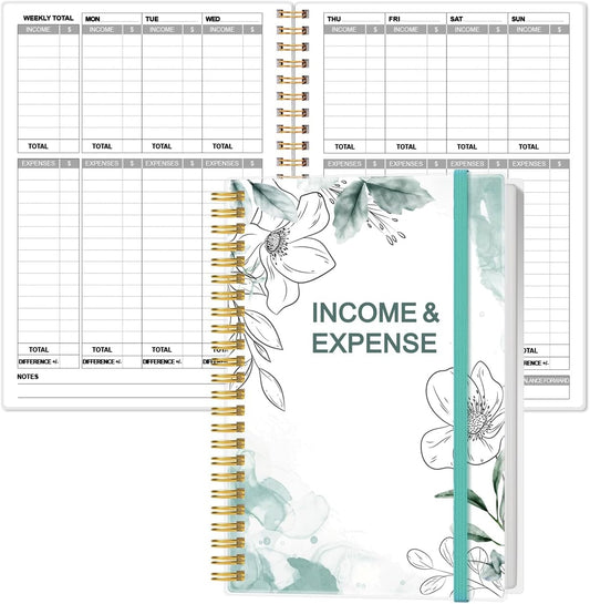 Heveboik Income & Expense Log Book - A5 Income and Expense Tracker for Small Business, Accounting Bookkeeping Tracking for Woman and Man, 5.8" x 8.3", Blue Flower