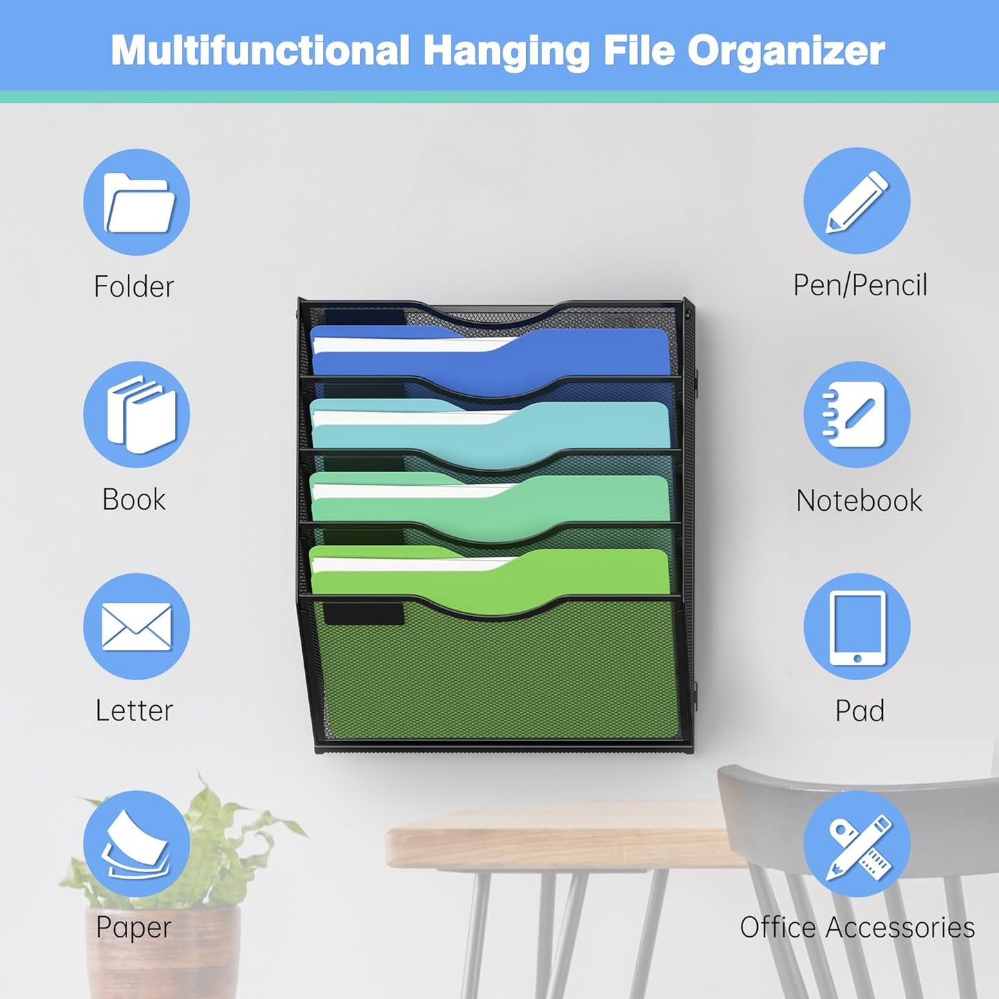 Kuntine.B Wall File Organizer Office Hanging Magazine Holder Wall File Organizer for Office Home (Black, 5 Tier & Hangers)
