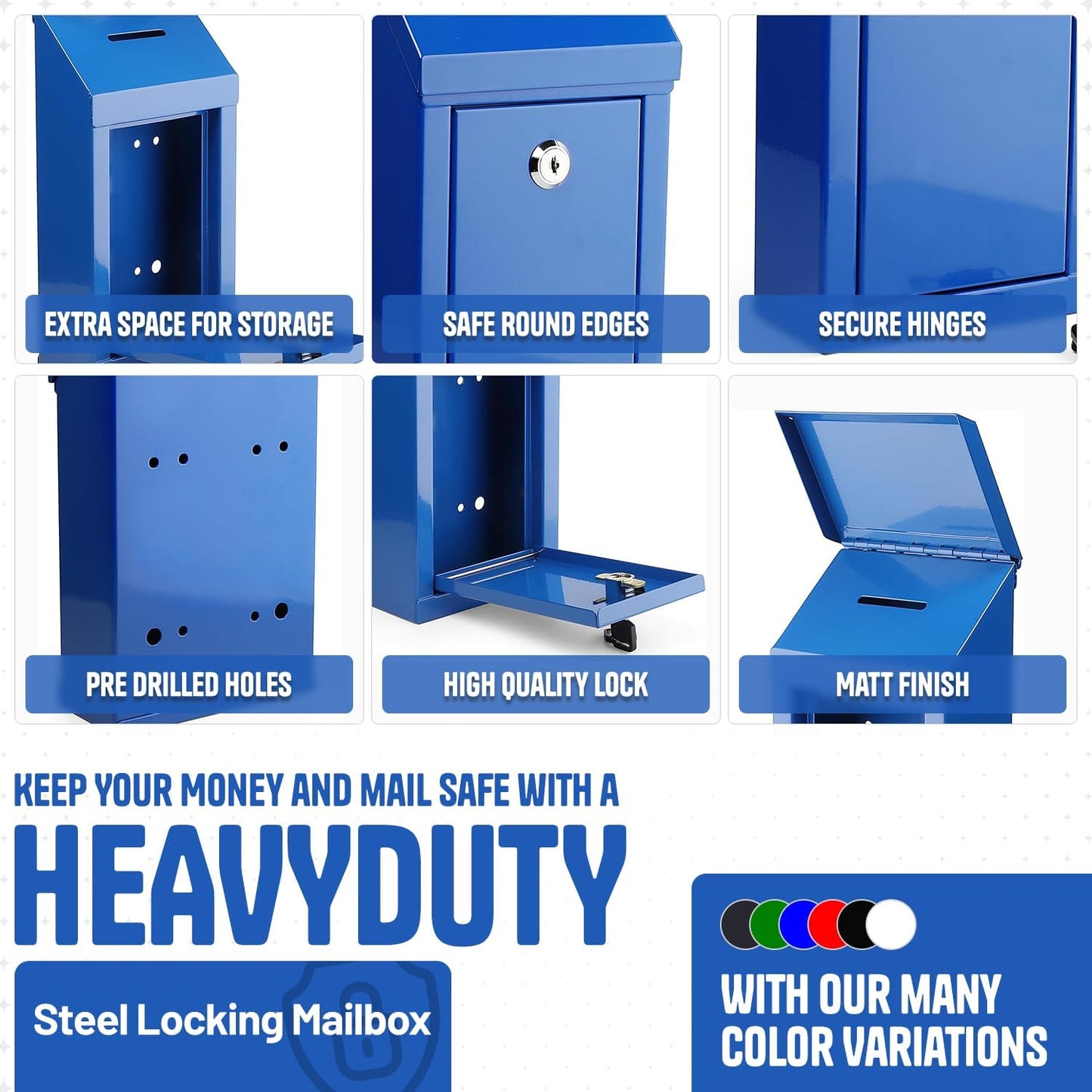 Metal Donation Box-Suggestion Box with Slot and lock-Cash Lock box for Money-Waterproof Drop Box-Comment and ballot voting box-comes with pre-drilled holes for easy wall mounting 10 X 6 X 2.5"(Blue)