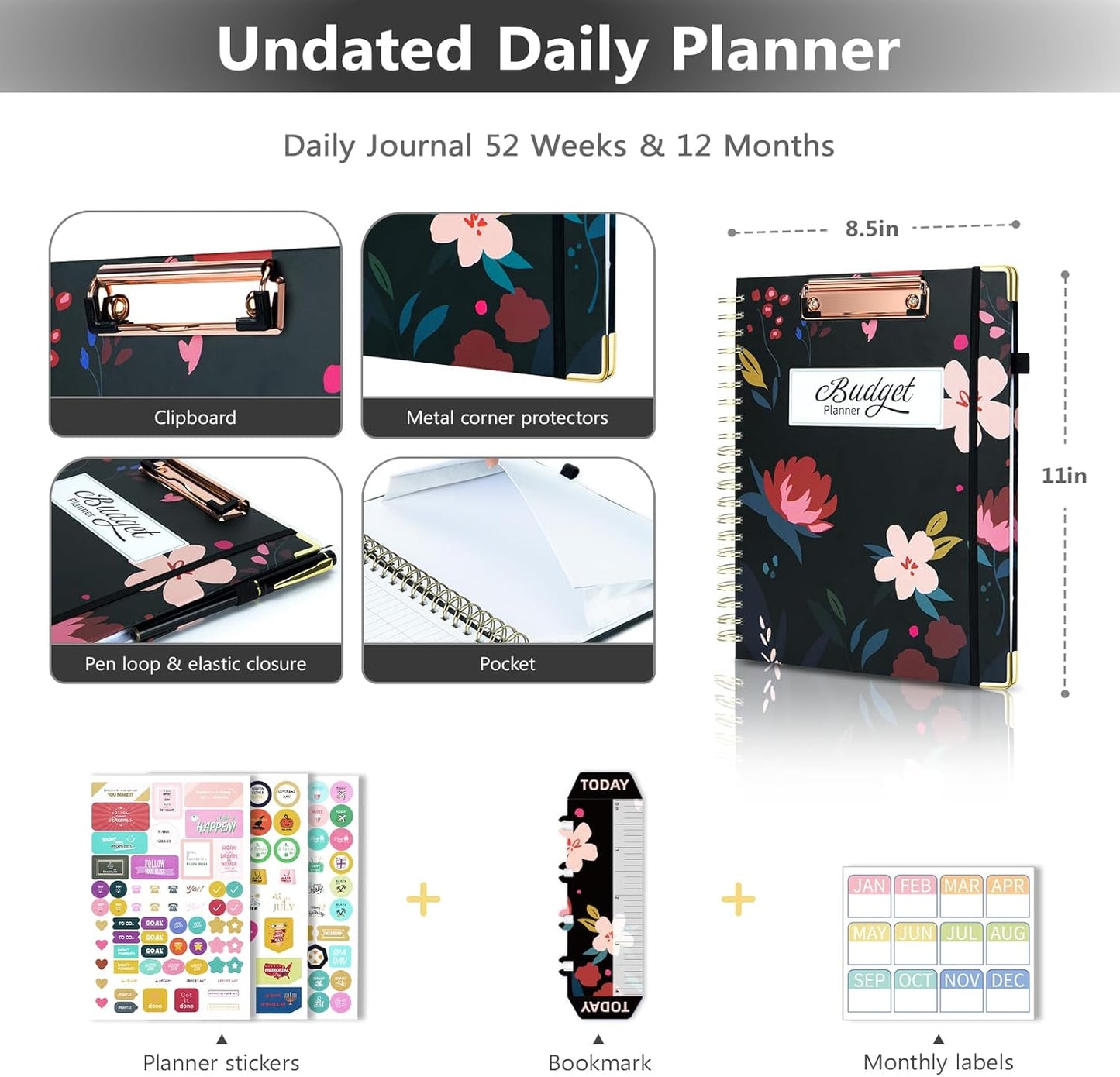 Ospelelf Undated Budget Planner with Expense Tracker and Bill Organizer Large Spiral Bound Monthly Account Planners to Take Control of Your Money 12 Months Black Floral