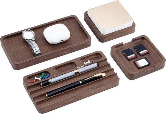 4 Piece Wooden Desk Organizer Tray With Pen Holder, Walnut Wood Pencil Holder, Minimalist Desk Accessories, Mens Valet Tray Office Supplies, Stationery Pen Key Wallet Catchall Trays