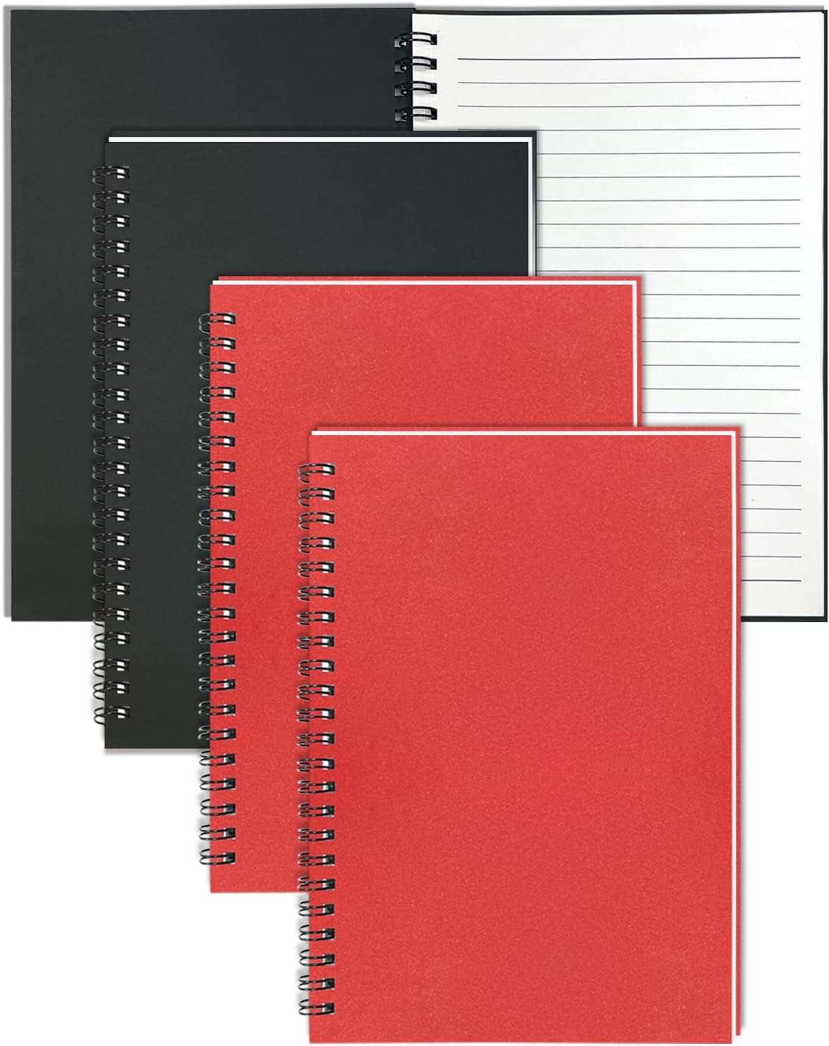 4Pack Small Spiral Notebook A5, 8.25x5.5” 120 Lined Pages Black & Red Wide Ruled Spiral Journal Bulk Blank Kraft Cover Spiral Bound Notebook & Writing Pads for Home Office Meeting Work Note Taking