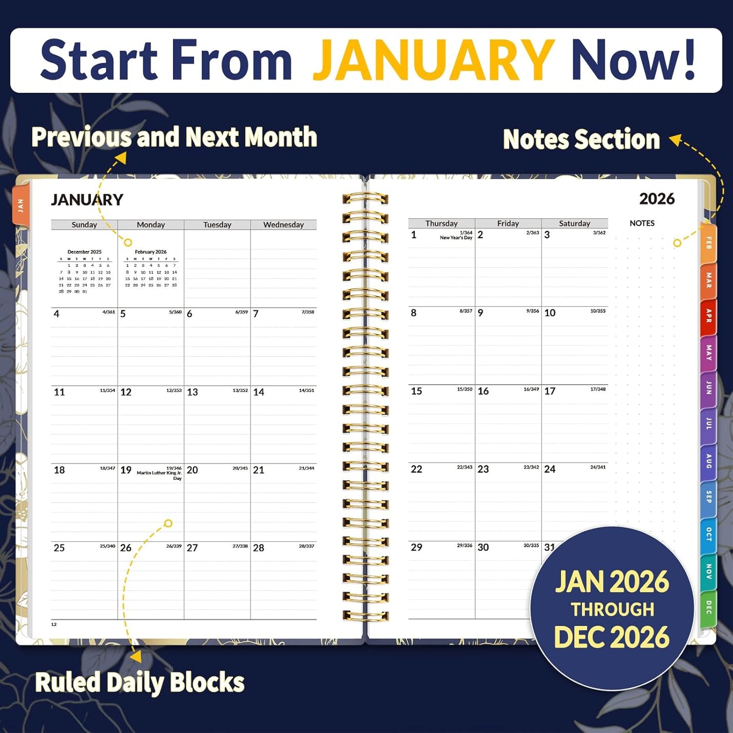 SUNEE 2026 Appointment Book, Quarter-Hourly, Weekly & Monthly - from January 2026 - December 2026, 6.4"x8.3" Flexible Cover, Notes, Pockets, Bookmark, Spiral Binding, Vintage Floral