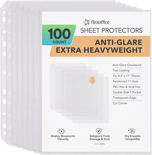 100 Pack, 8.5 x11 Clear Sheet Protectors, Non-Glare, Extra Heavy Duty Page Protectors for 3 Ring Binder, Top Loading Plastic Sleeves
