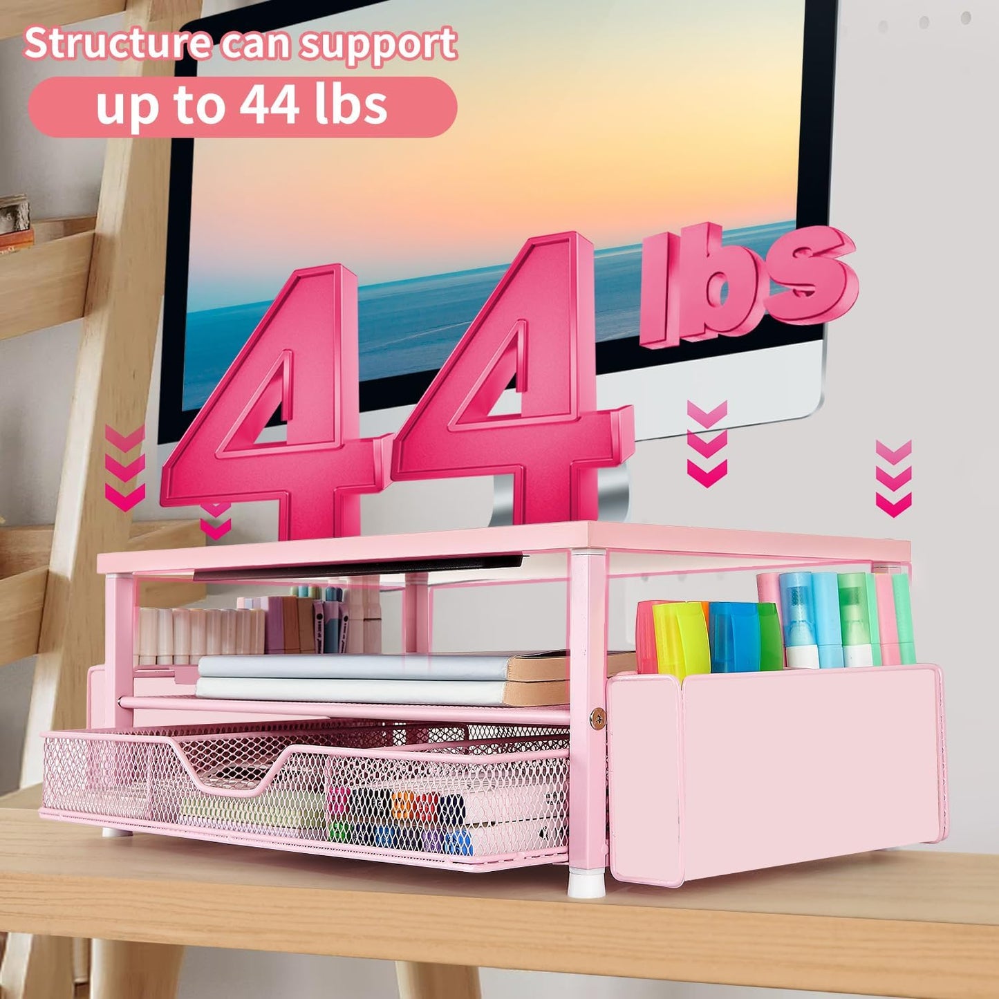 AUPSEN Pink Desk Organizers and Accessories, 2-Tier Wood Computer Monitor Stand with Drawer, Pen Storage & Phone Holder, Office Desk Accessories, Workspace Desktop Organization for Office Supplies