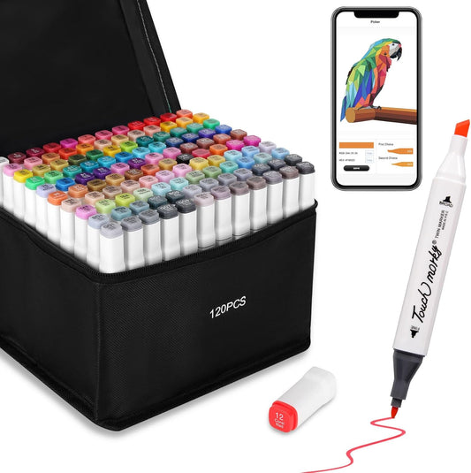 120 Colors Alcohol Markers with Free App, Chisel & Fine Tip Alcohol-Based Marker Set for Adults Kids, Dual Tip Artist Markers for Drawing, Coloring Illustration, Painting and Great Gift Idea