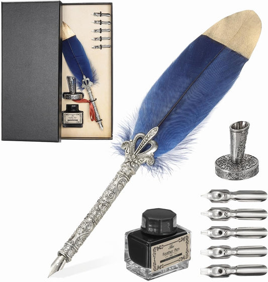 PATIKIL Feather Quill Pen Set, 1 Set Vintage Feather Calligraphy Pen Fountain Dip Pen Set with Ink, Pen Holder and Replacement Nibs for Beginner Writer Writing Gift, Navy Blue