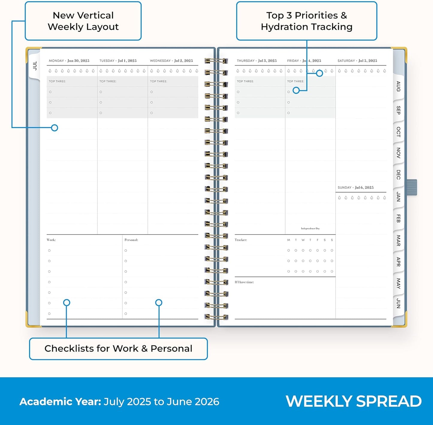 Blue Sky 2025-2026 Academic Year Weekly and Monthly Planner Calendar, July 2025 - June 2026, 12-Month, 5" x 8", Faux Leather Cover, Wirebound, Storage Pocket, Laminated Tabs, Blue Haze