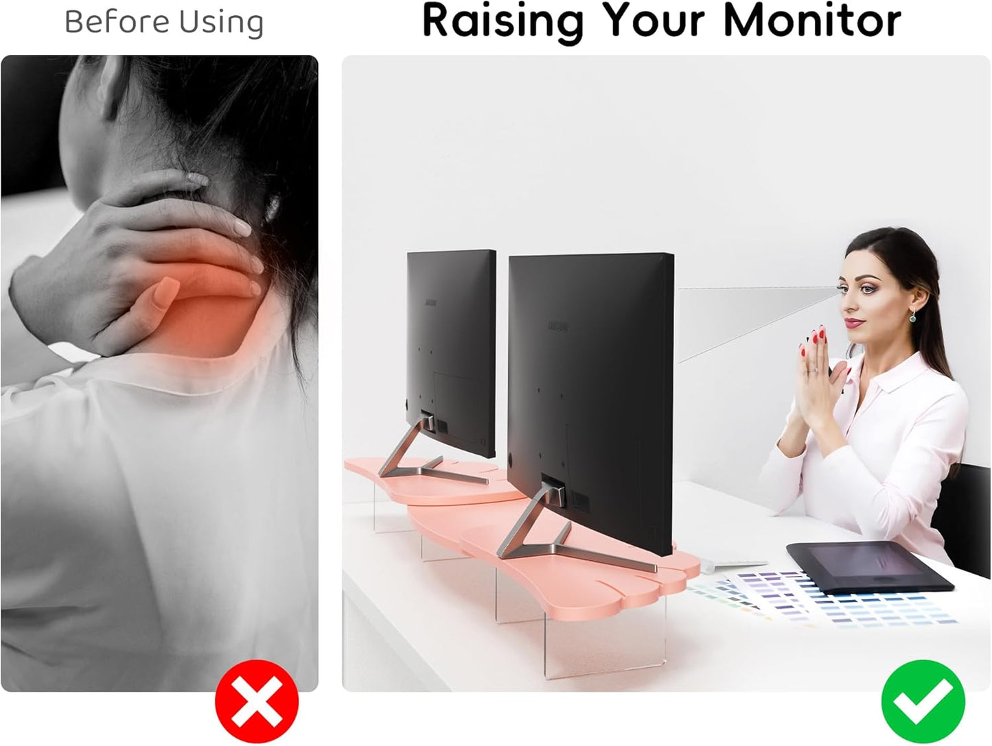 Dual Monitor Stand Riser,Wing-Shaped Sturdy Desktop Computer Wood Stand for 2 Monitors Cute Monitor Riser for Laptop, PC, Computer,Pink