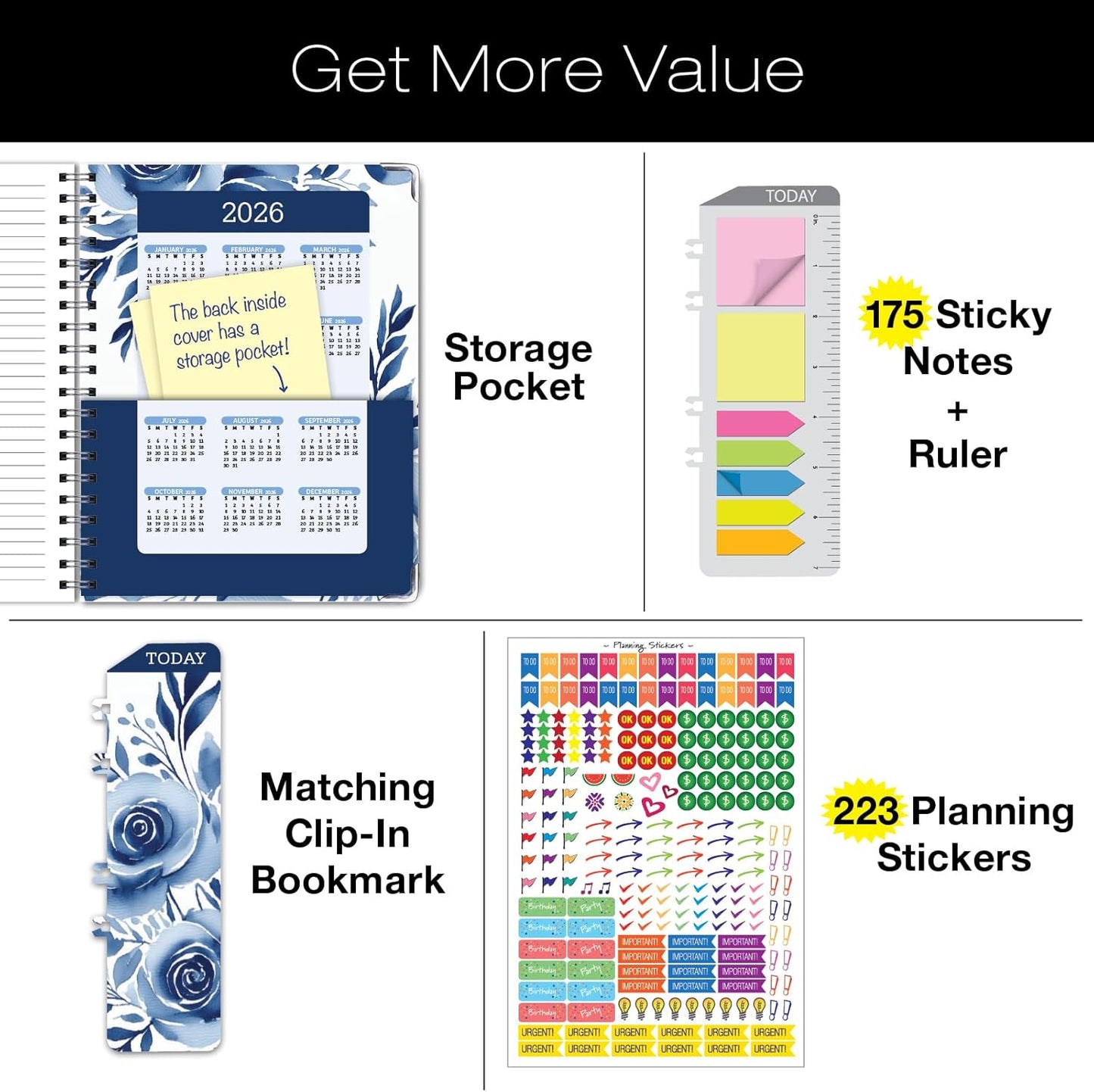 HARDCOVER Academic Year 2025-2026 Planner: (June 2025 Through July 2026) 8.5"x11" Daily Weekly Monthly Planner Yearly Agenda. Bookmark, Pocket Folder and Sticky Note Set (Blue Bloom)