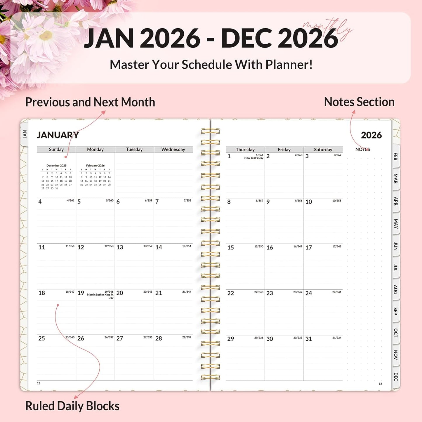 SUNEE Planner 2026 Weekly and Monthly, January 2026-December 2026, 6.4"x8.3", Tabs, Note Pages,Spiral Binding, Colorful Flowers