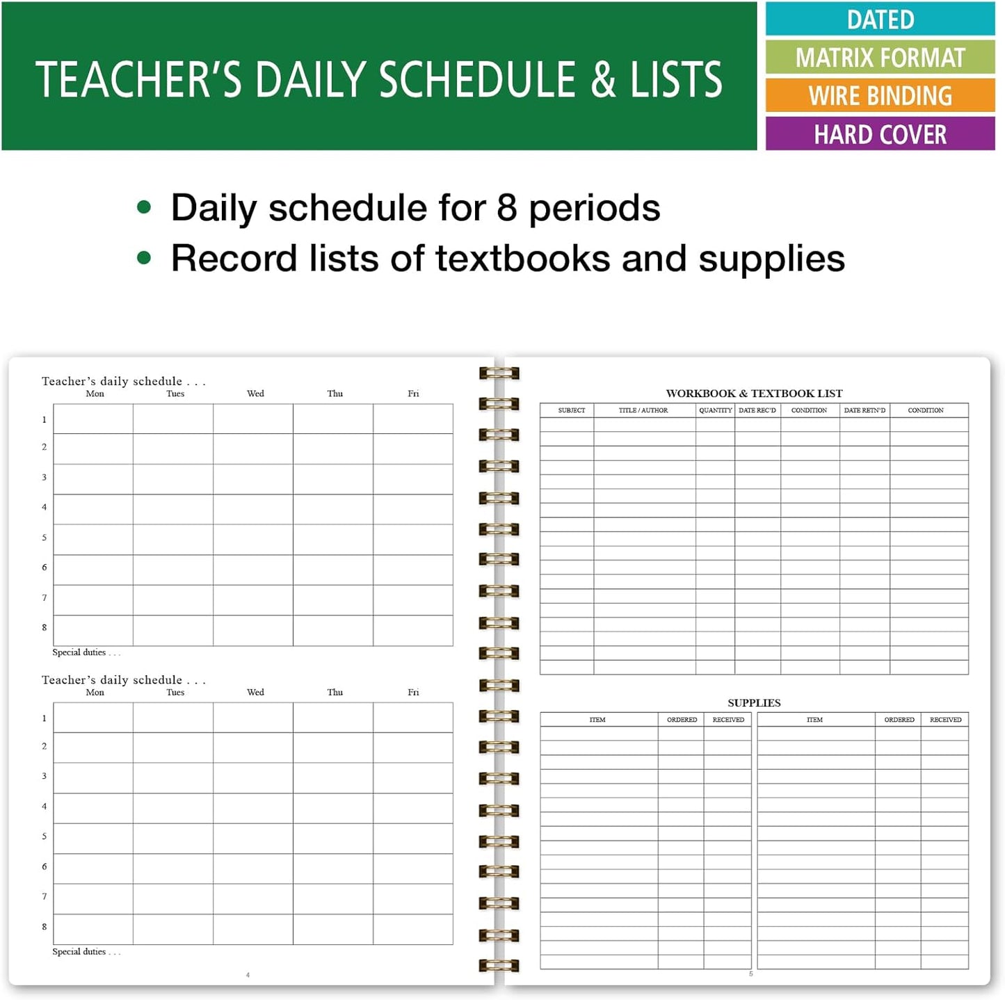 Elan Publishing Company HARDCOVER 7 Period Dated Teacher Lesson Plan; Days Horizontally Across The Top Dated for 2025-2026 Academic Year with Bonus Clip-in Bookmark (Rainbow Gold Marble)