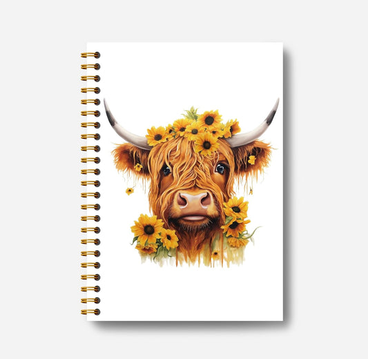 Sunflower Highland Cow Notebook - Western Notebook, Cow Notebook, Highland Cow Office Supplies, Highland Cow Gifts, Cow Stuff, Farmhouse Highland Cows Spiral Notebook 5.5x8.3