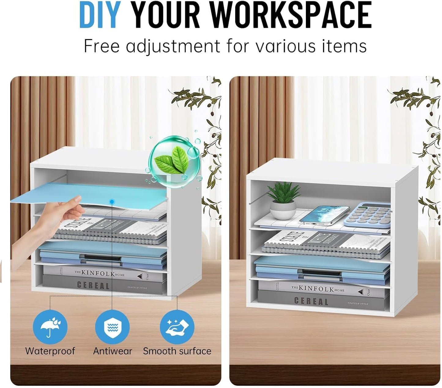 5-Tier Wood Desk Organizer, Paper Tray Organizer for Desk with Adjustable Storage Shelves, Desktop Paper Sorter Mail Holder for Office Home Classroom, White