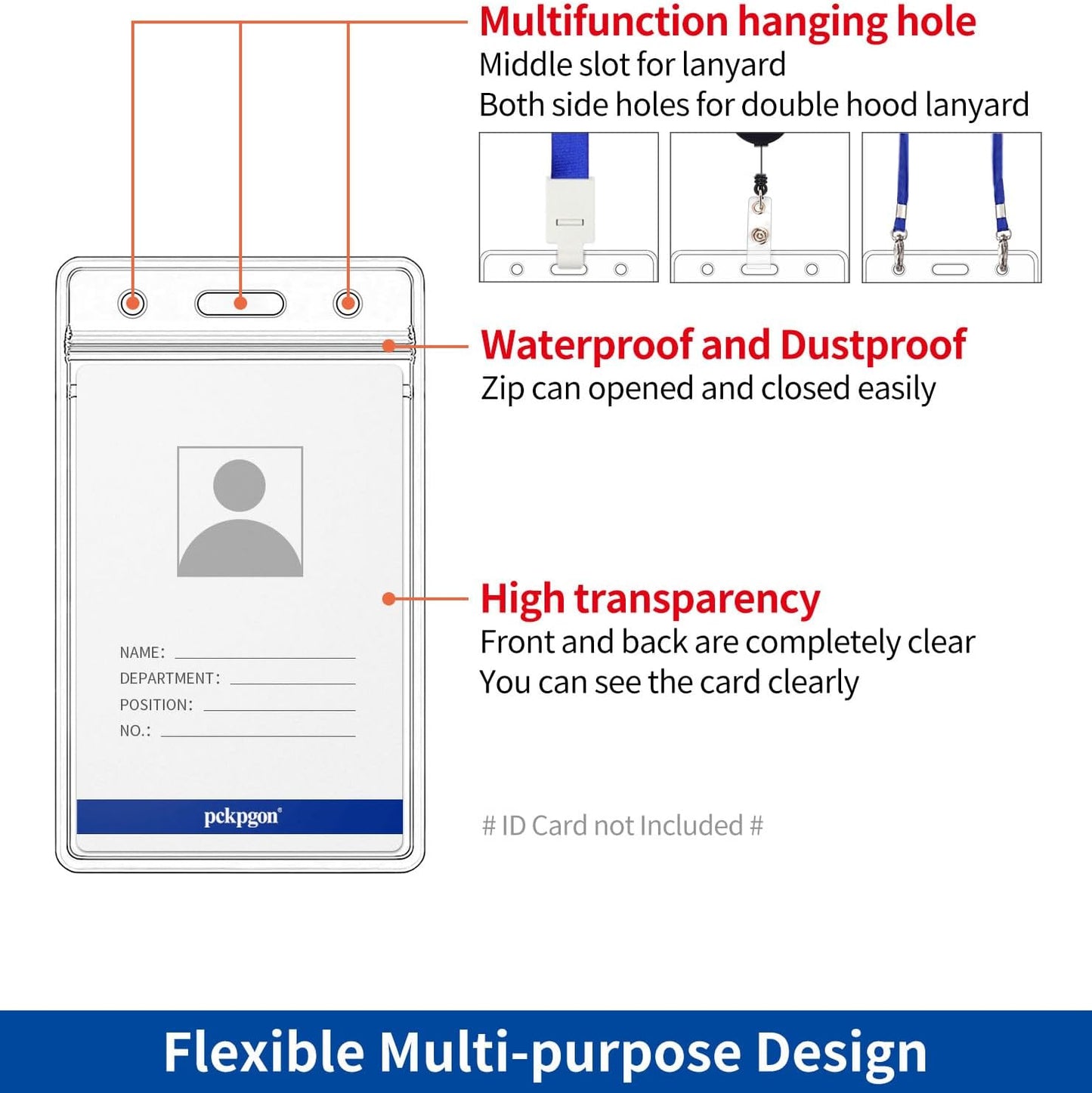 100 Pack Vertical ID Badge Holder, Clear Plastic Work Key Card Sleeve, Name Tag Holders Cover Protector with Waterproof Resealable Zipper Type for Nurses Lanyard, Fits Credit Size Cards