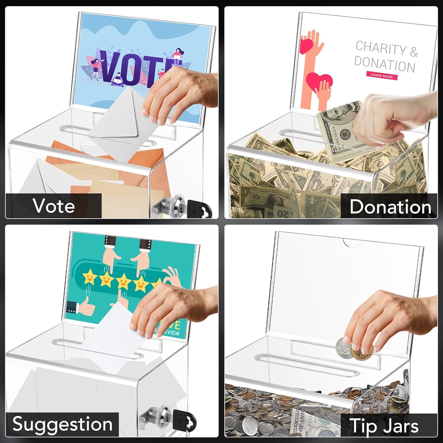 VOISEN Clear Donation Box with Lock,2 Pack Ballot Box with Sign Holder,Suggestion Box for Fundraising, Voting Box with Slot for School,Conference 6.2x4.6x3.9 Inch
