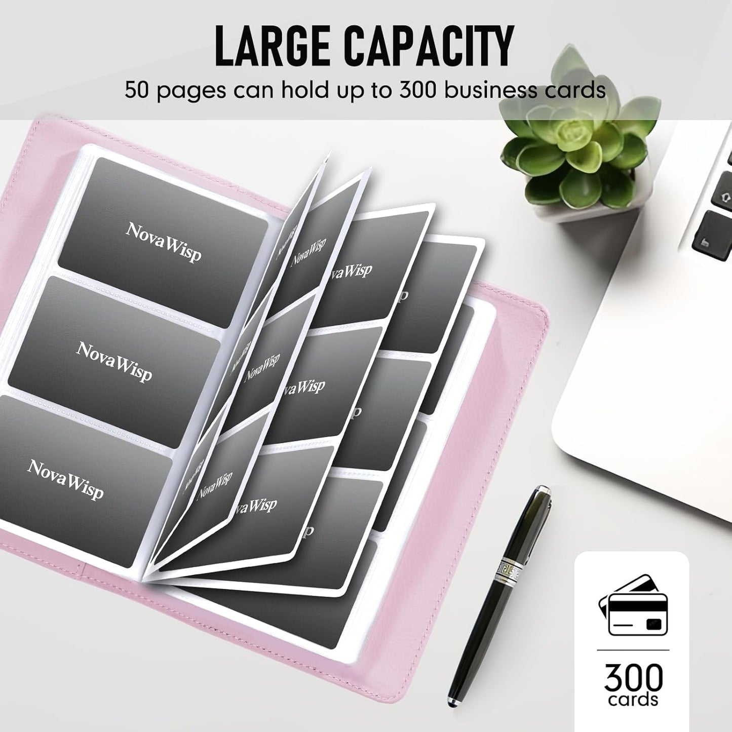 300 Business Cards Holder, 50 Pages Gift Cards Holder, Professional PU Leather Credit Cards Organizer Wallet, Portable Name Card Book Binder Folder, Men Women & Office Supplies, Pink