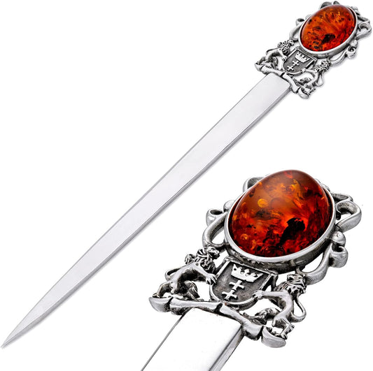 Silver Letter Opener with Baltic Amber, Oxidised Sterling Silver, Paper Knife with The Coat of Arms of Gdansk