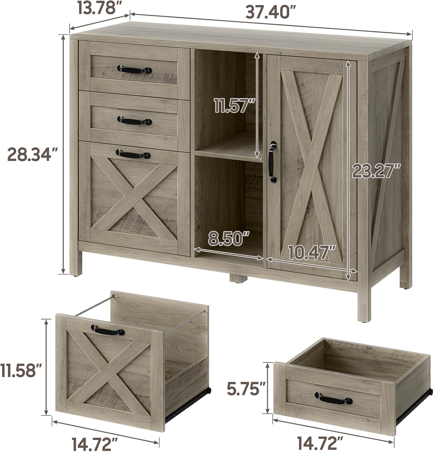 Lateral File Cabinet with 3 Drawers and Door, Farmhouse File Cabinet with Adjustable Shelf for Letter/A4 Size Hanging Files, Printer Stand with Storage Cabinet for Home Office Furniture, Grey