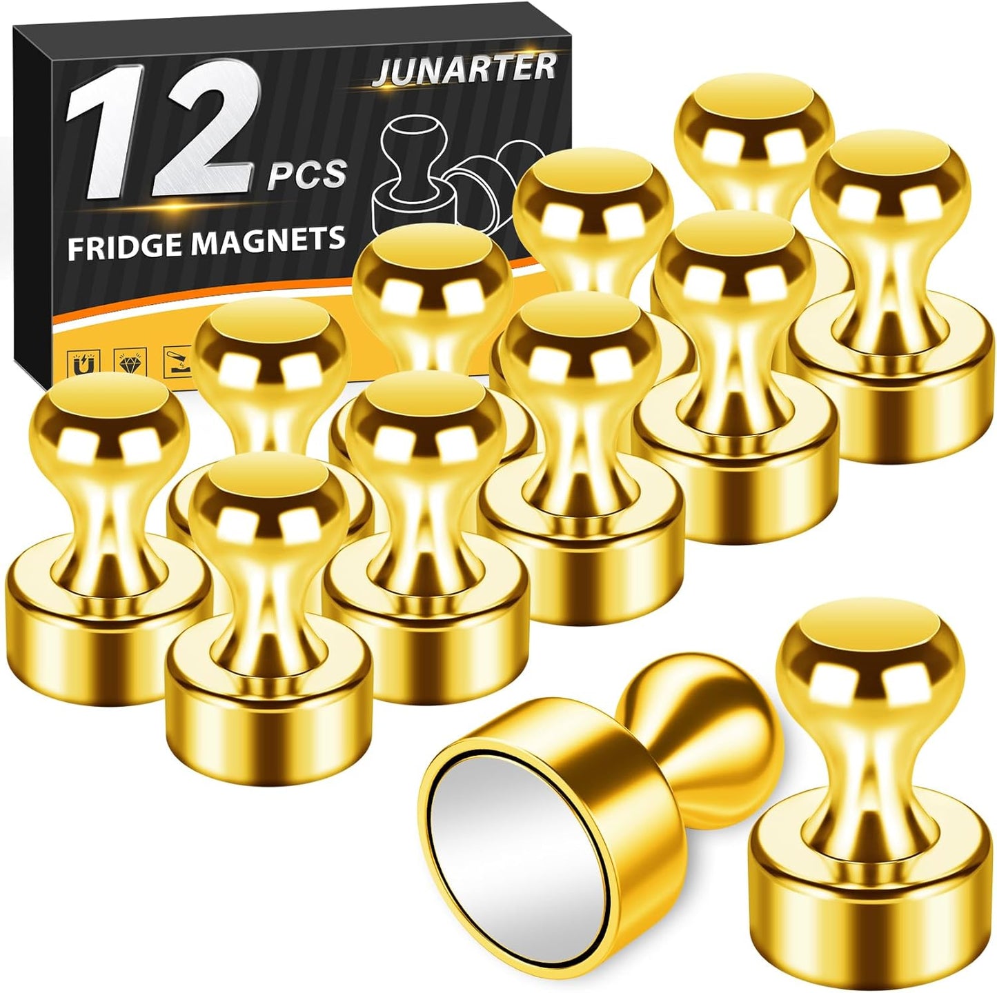 12 Pack Magnetic Push Pins, Gold Fridge Magnets, Whiteboard Magnets, Refrigerator Magnets Strong, Dry Erase Board Magnets for Fridge, Whiteboard, Office, Classroom, Kitchen, Map