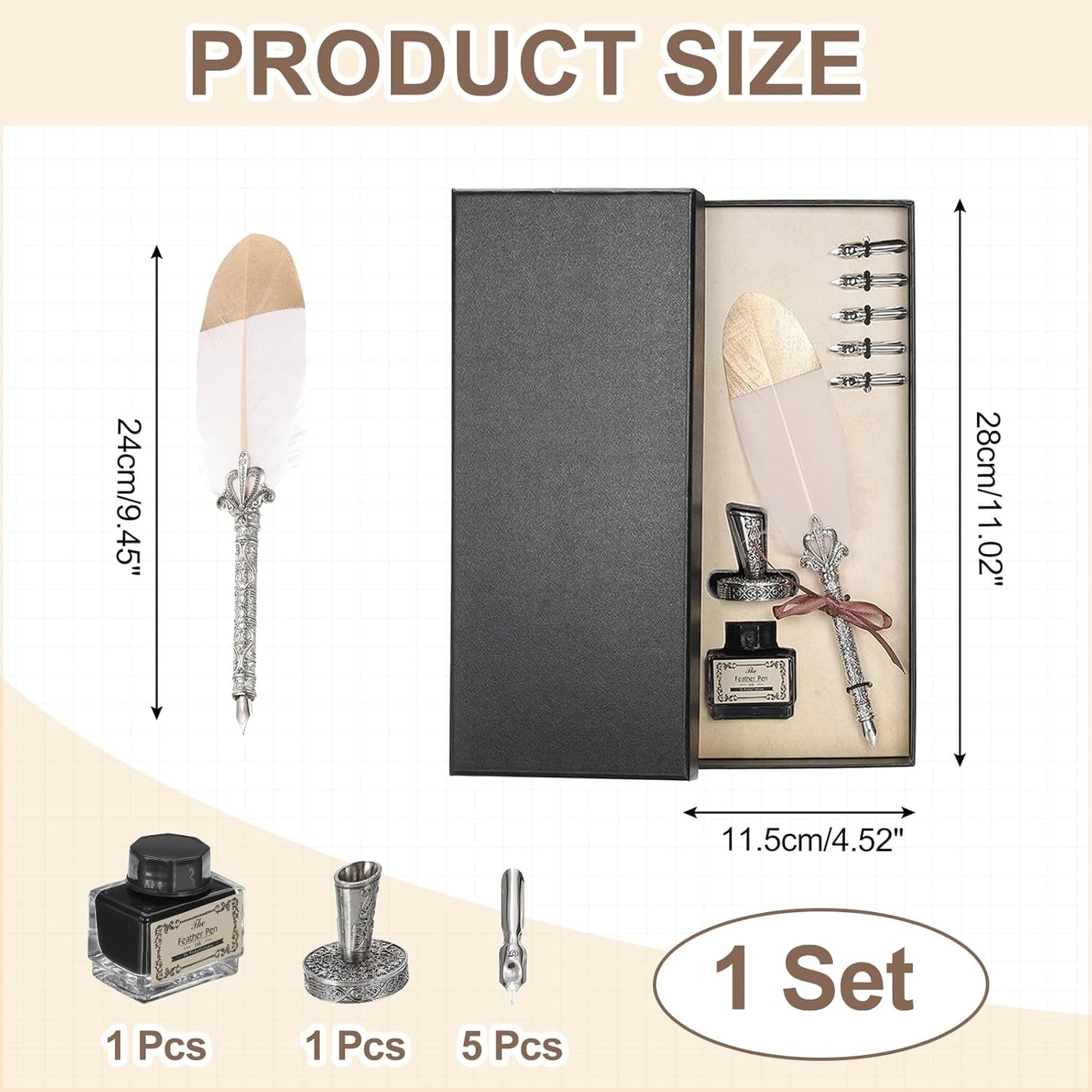 PATIKIL Feather Quill Pen Set, 1 Set Vintage Feather Calligraphy Pen Fountain Dip Pen Set with Ink, Pen Holder and Replacement Nibs for Beginner Writer Writing Gift, Pink