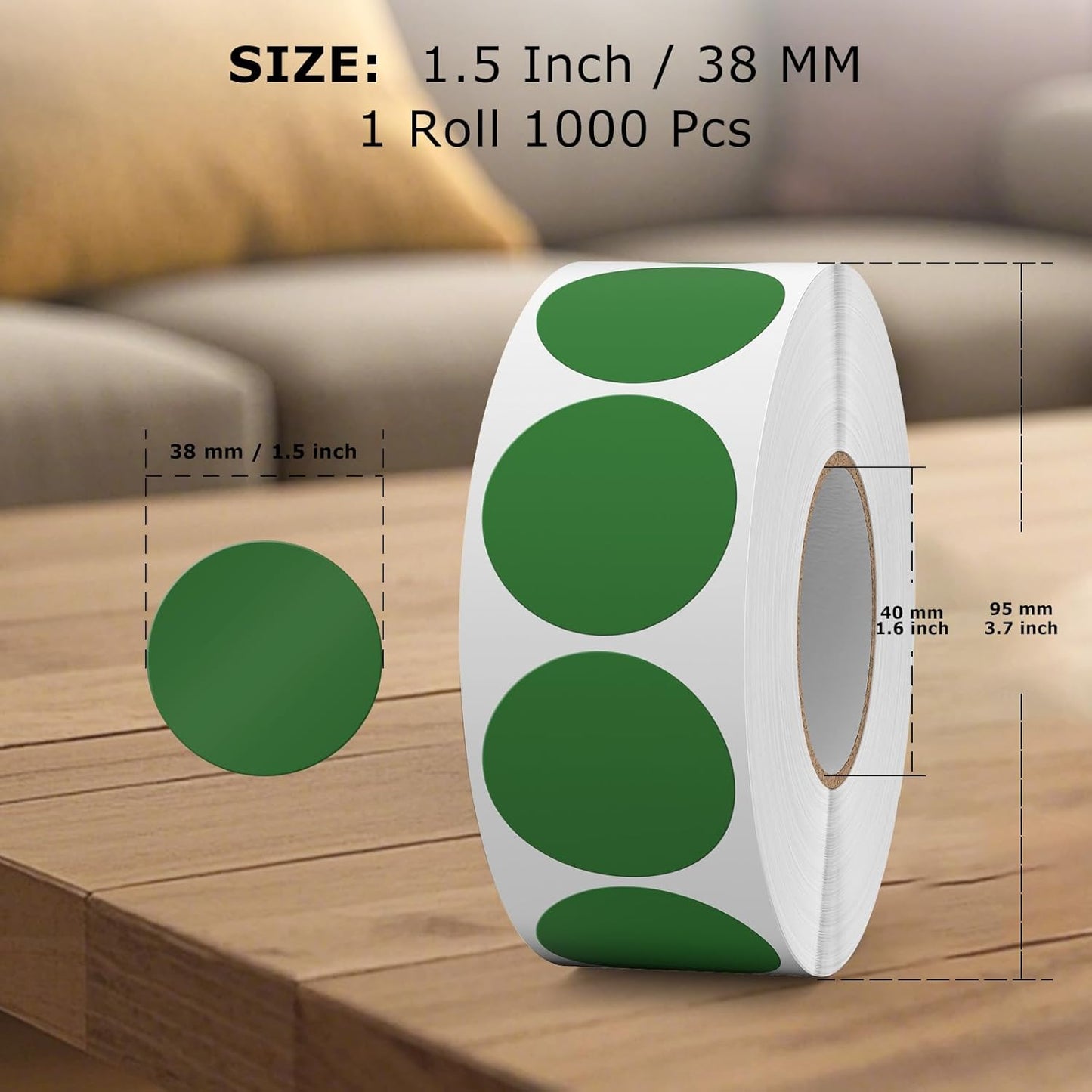 1000 PCS Green Dots Stickers 1.5 Inch Vinyl Color Coding Round Sticker Removable Writable Circle Labels Roll for Inventory Office Classroom