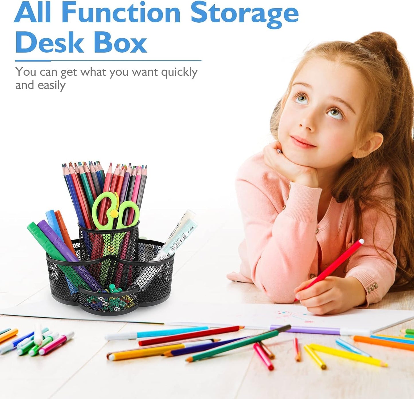 360 Rotatable Metal Mesh Desktop Stationery Organizer Pen Pot Makeup Brush Organizer for Home School Office (White)